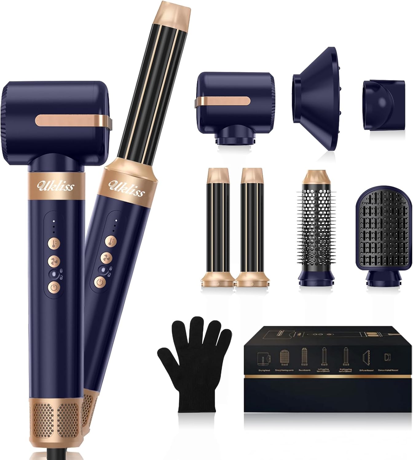 UKLISS Hair Dryer Brush 7 in 1，110000 RPM Hair Dryer with Diffuser for Curly & Twisted Hair Professional Ionic Brush Blow Dryer for Salon-Quality Styling (Blue Gold)