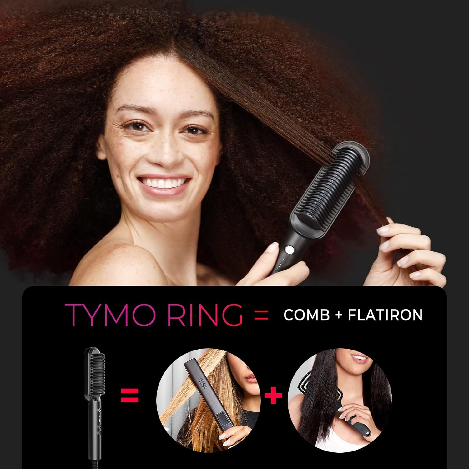 Hair Straightener Brush, TYMO Ring Hair Straightener Comb Straightening Brush for Women with 5 Temps 20s Fast Heating & Dual Voltage, Black 7DAY'S