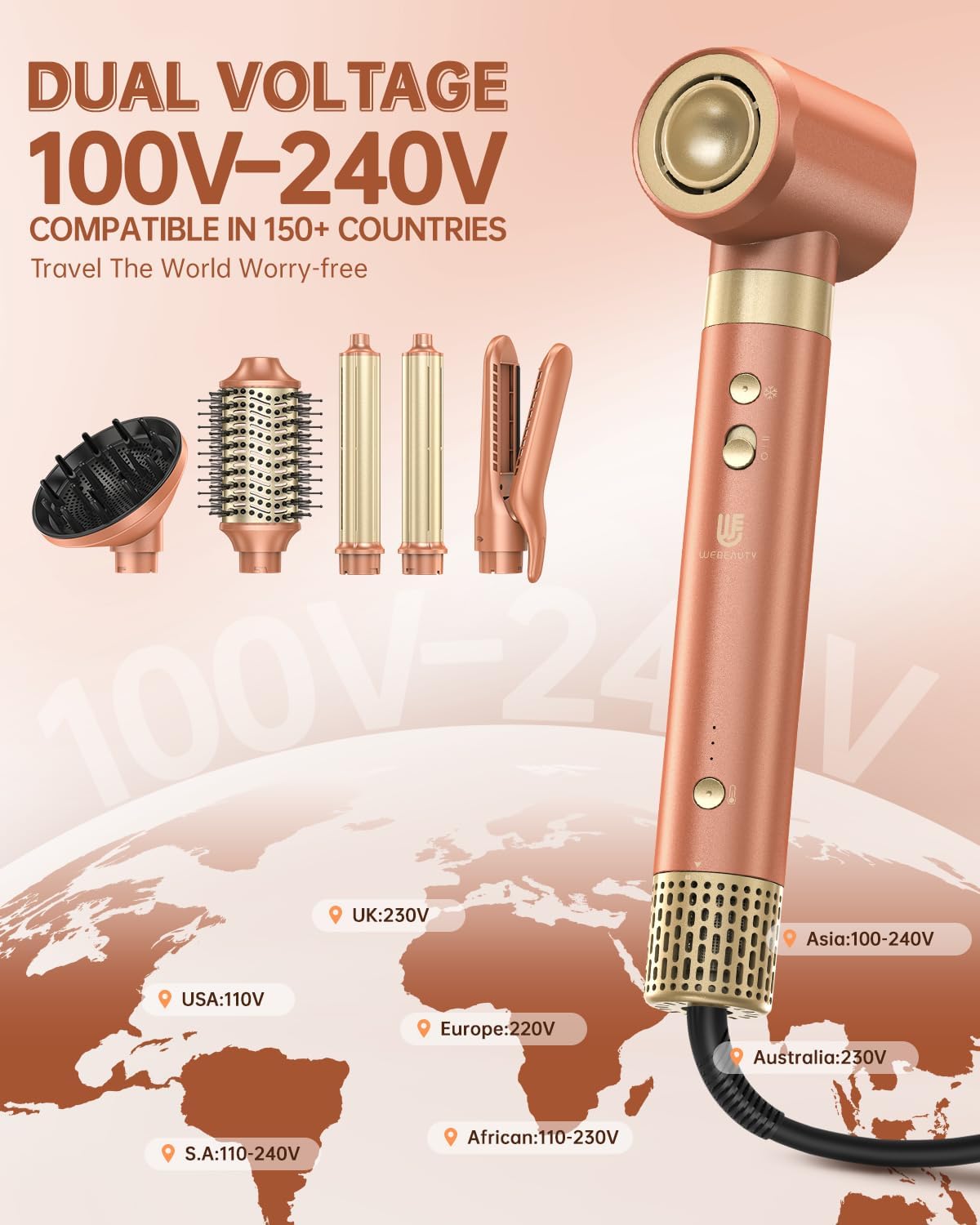 [Dual Voltage] webeauty 6 in 1 Hot Air Styler, High-Speed Negative Ionic Hair Dryer with Auto Curlers, Professional Blow Dryer Brush, Diffuser, Volumizer Multiple Styling, No Heat Damage
