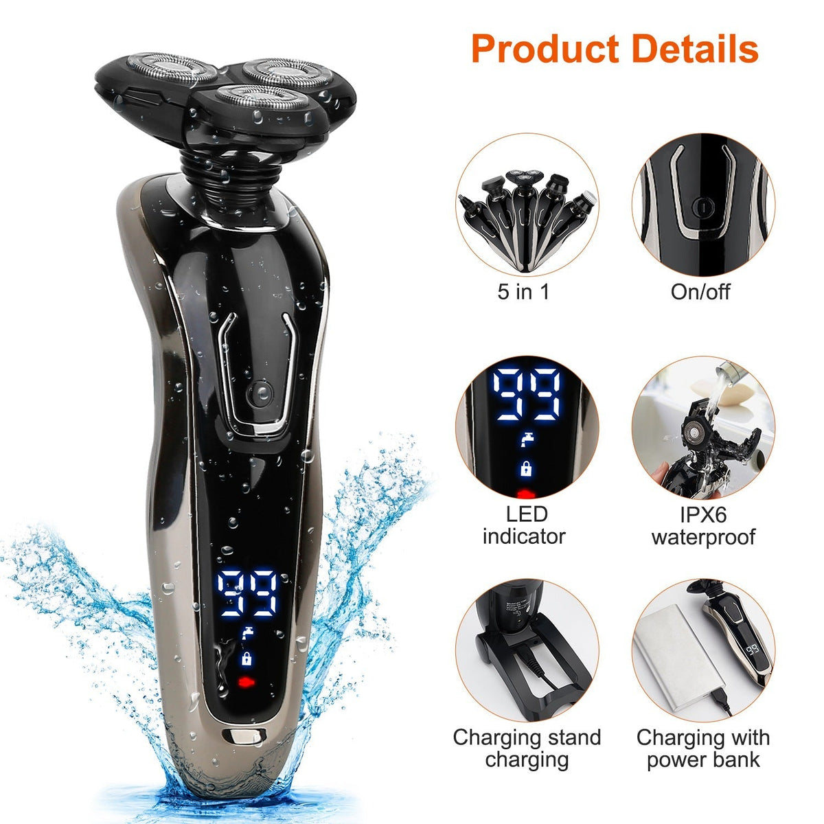 5 In 1 Electric Razor Shaver Rechargeable Cordless Head Beard Trimmer Shaver Kit IPX6 Waterproof Dry Wet Grooming Kit GBruno Store