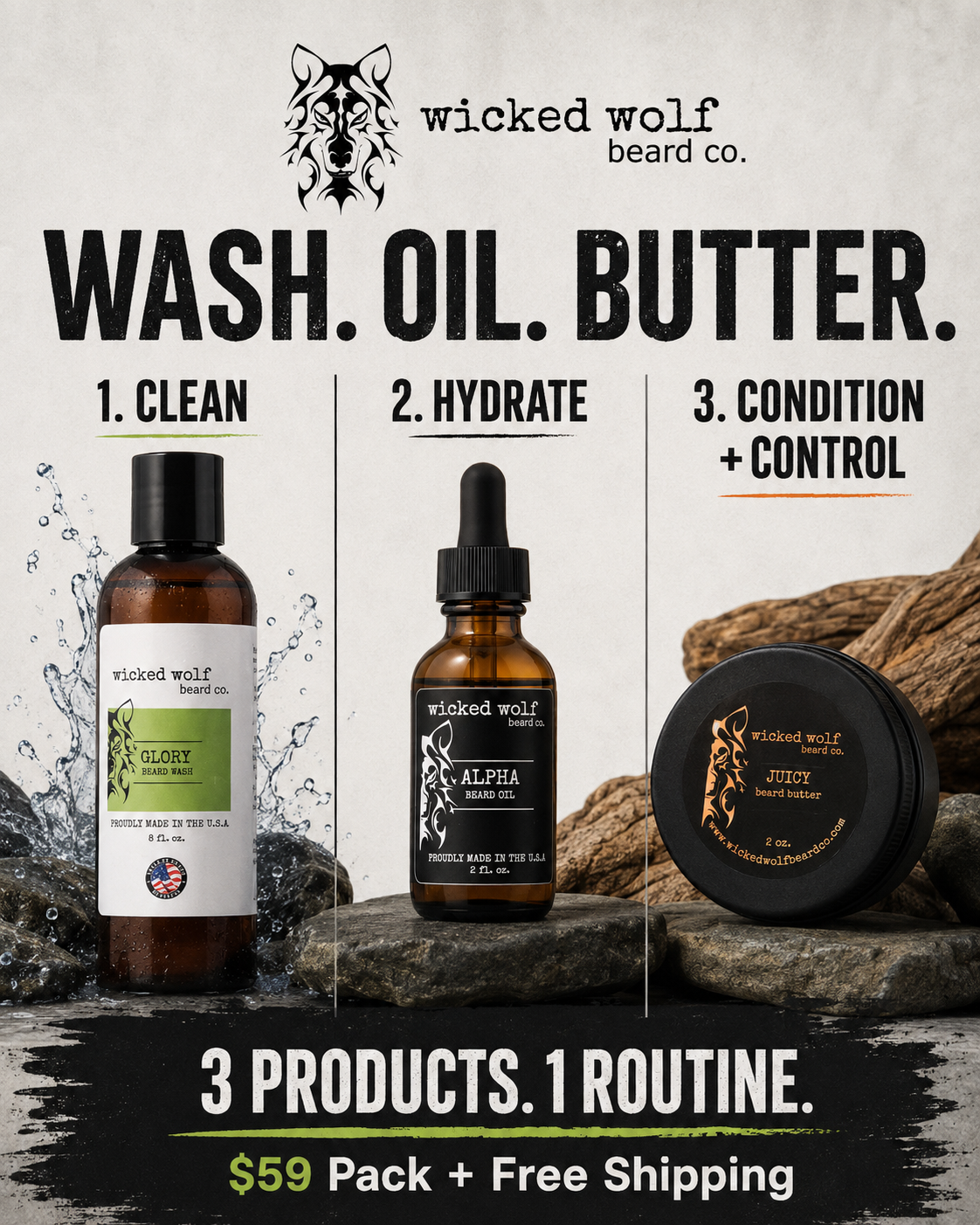 Wicked Wolf Pack | Complete Beard Care Kit (Wash, Oil & Butter) Wicked Wolf Beard Co.