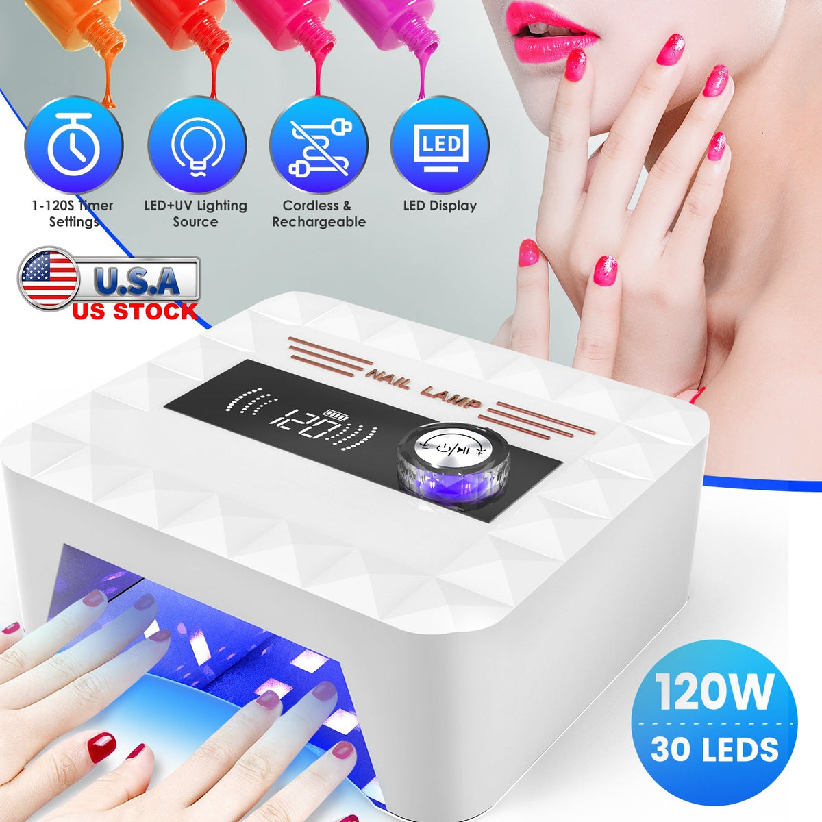 120W Cordless UV Nail Lamp Rechargeable Gel Curing Lamp Gel Polish Light Nail Dryer with LED Display 1-120S Timer Settings 30 LED Beads for Salon and Gamba Beauty