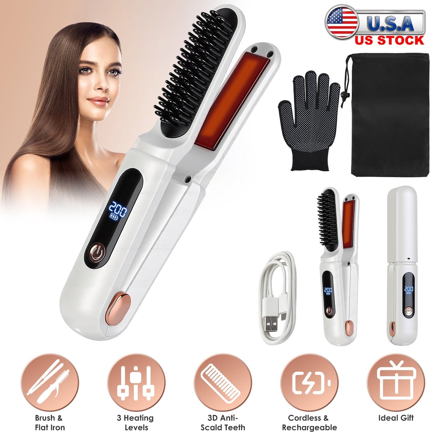 Cordless Hair Straightener Brush 2-in-1 Ceramic Flat Iron GBruno Store