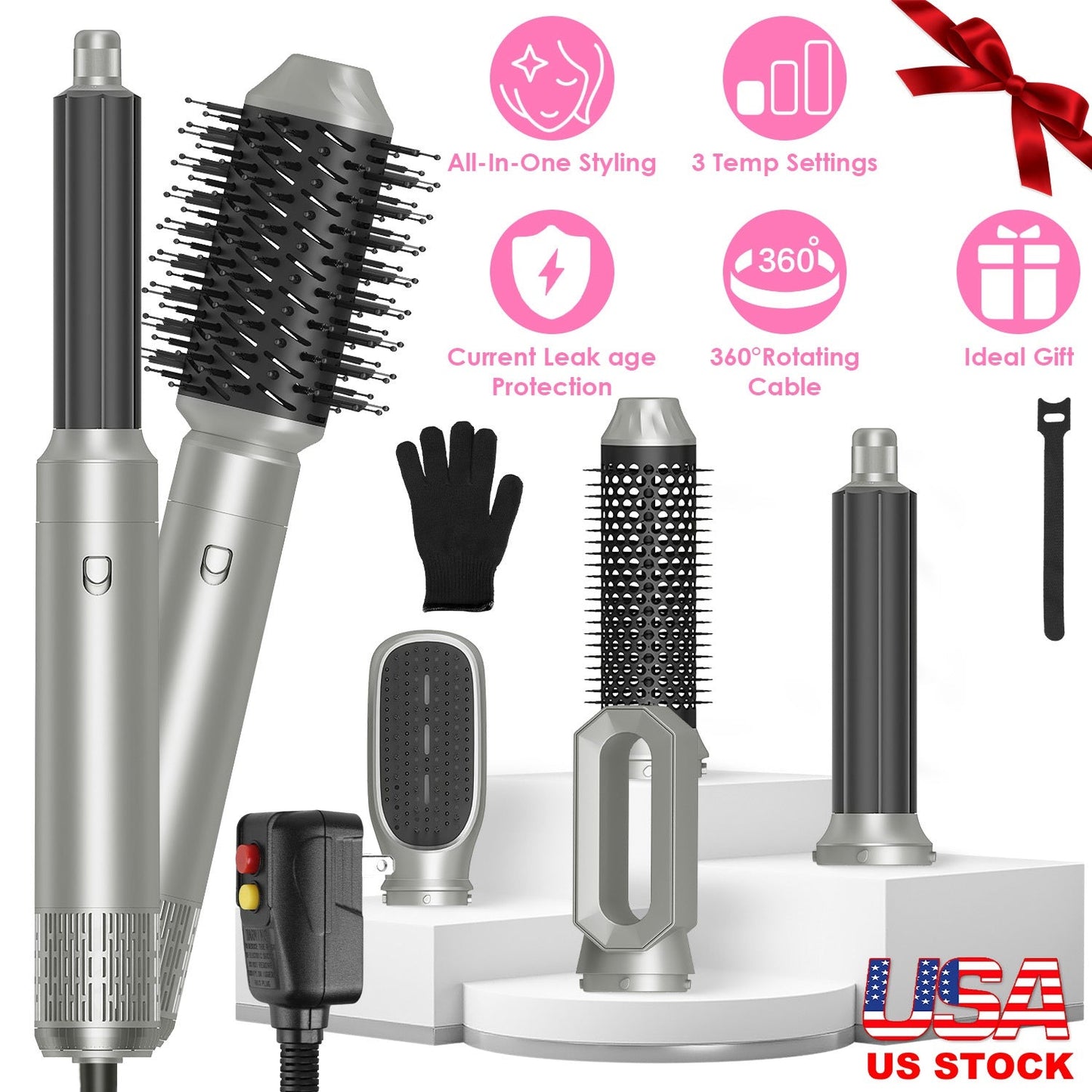 6 In 1 Hot Air Styler Volumizer Straightener Curler Dryer Automatic Wrap Styler Hair Dryer Brush Set with 3 Temp Settings ALCI Plug Glove Cable Zip Ti GBruno Store