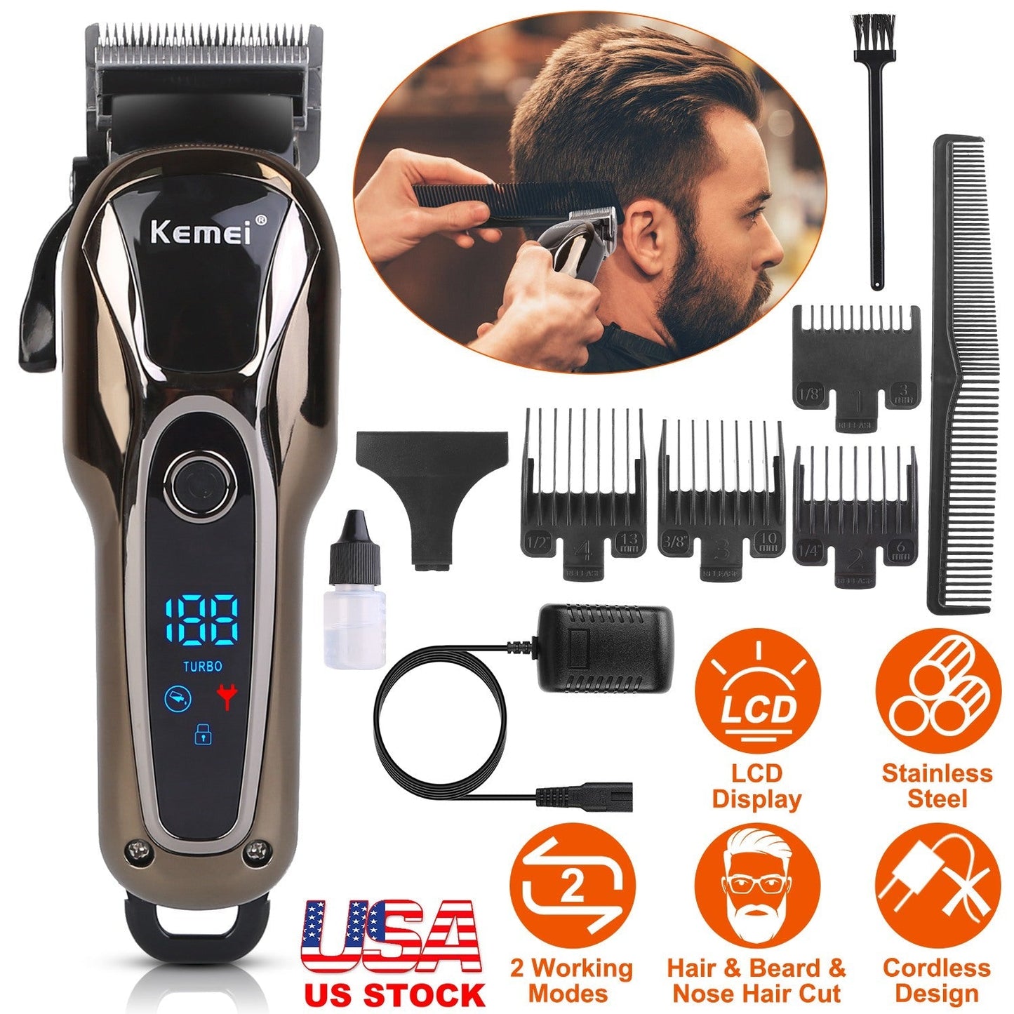 Rechargeable Electric Hair Clipper Cordless Clipper Hair Trimmer Shaver Barber Clipper Hair Cutting Machine GBruno Store