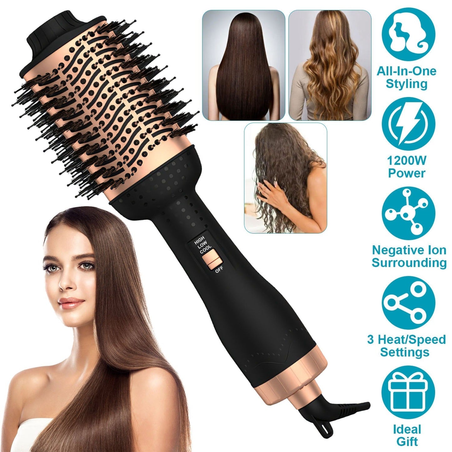 4 In 1 Hair Dryer Brush Curling Brush Hair Styler Volumizer Straightener Negative Ion Anti-frizz Hot-Air Hair Brush for All Hair Types Black White GBruno Store