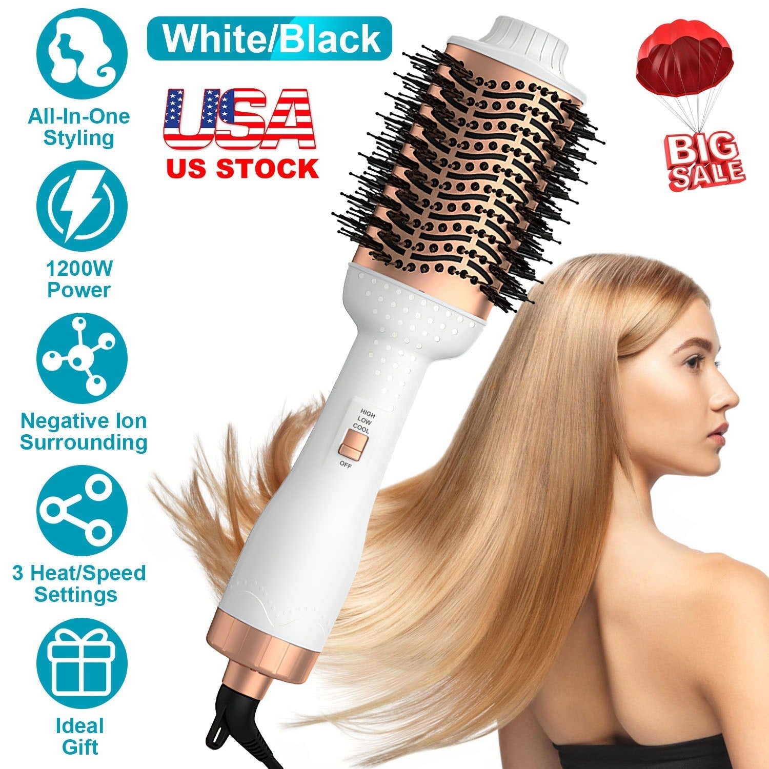 4 In 1 Hair Dryer Brush Curling Brush Hair Styler Volumizer Straightener Negative Ion Anti-frizz Hot-Air Hair Brush for All Hair Types Black White GBruno Store