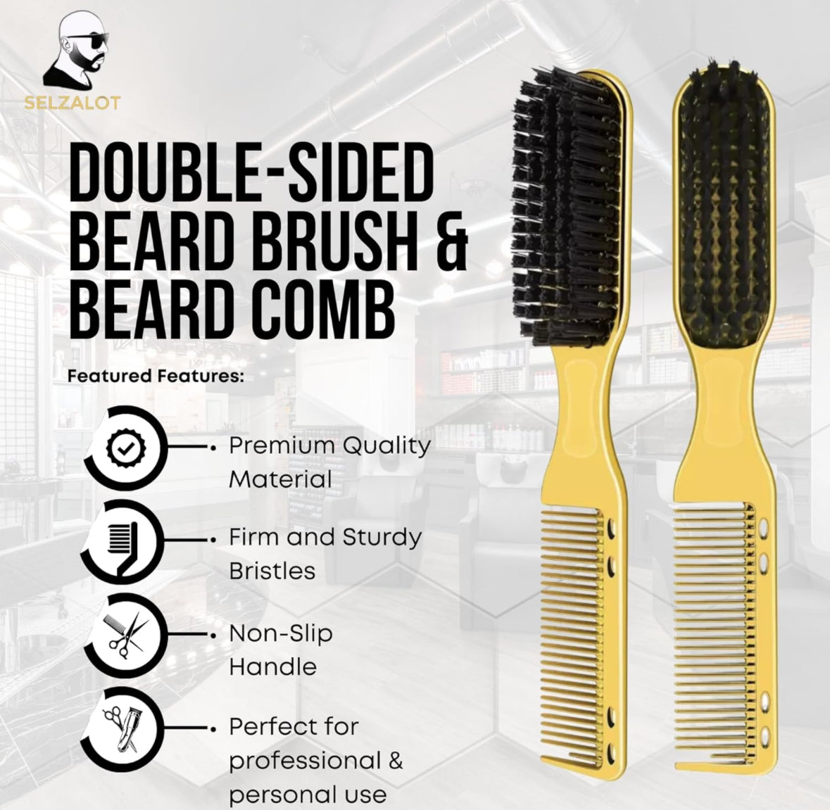 Double-Sided Beard Brush & Beard Comb Barber Brush for Grooming Beard Non-Slip & Sturdy Bristle Brush for Clean Cuts Professional Barber Comb for Beard & Hair Edge Control Brush Barber Accessories Selzalot