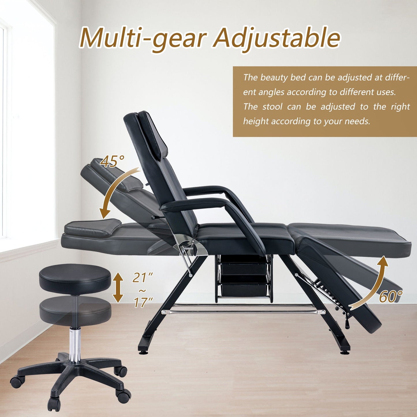 72.8" Massage Salon Tattoo Chair With Two Trays Esthetician Bed With Hydraulic Stool, Multi-Purpose 3-Section Facial Bed Table, Adjustable Beauty Barber Spa Beauty Equipment HouseOfZazla