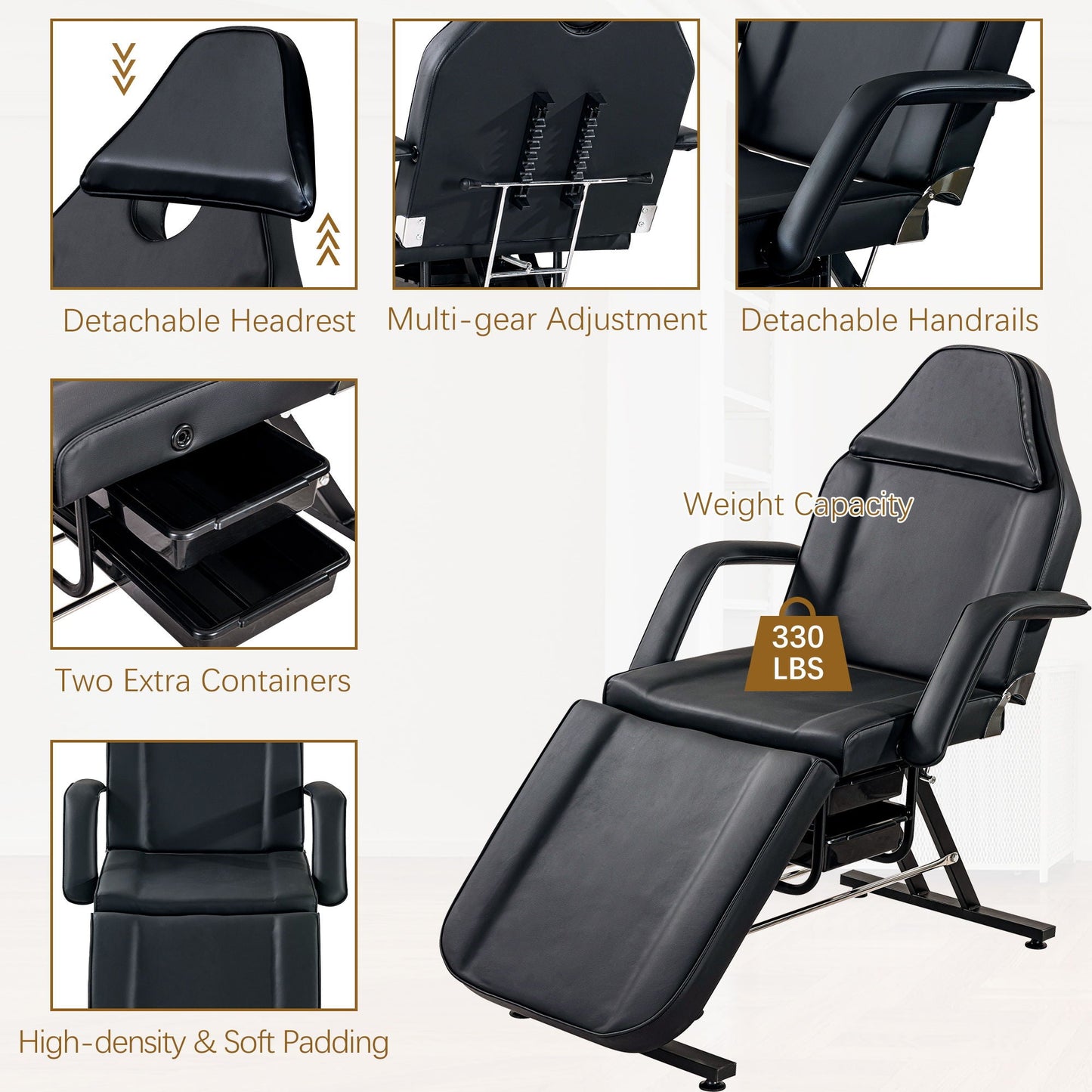 72.8" Massage Salon Tattoo Chair With Two Trays Esthetician Bed With Hydraulic Stool, Multi-Purpose 3-Section Facial Bed Table, Adjustable Beauty Barber Spa Beauty Equipment HouseOfZazla