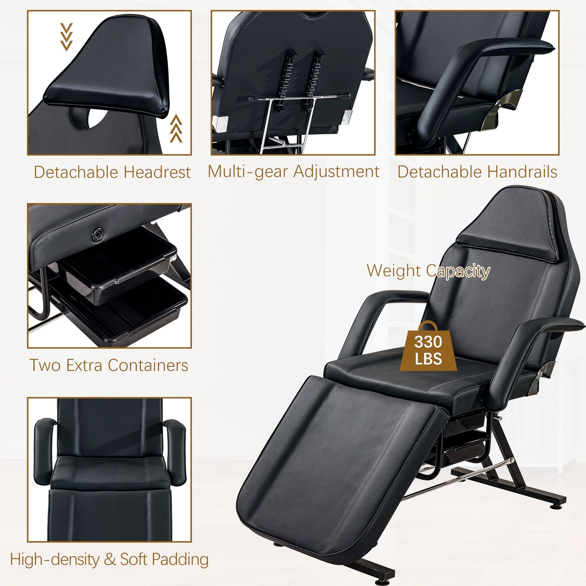 72.8" Massage Salon Tattoo Chair With Two Trays Esthetician Bed With Hydraulic Stool, Multi-Purpose 3-Section Facial Bed Table, Adjustable Beauty Barber Spa Beauty Equipment HouseOfZazla