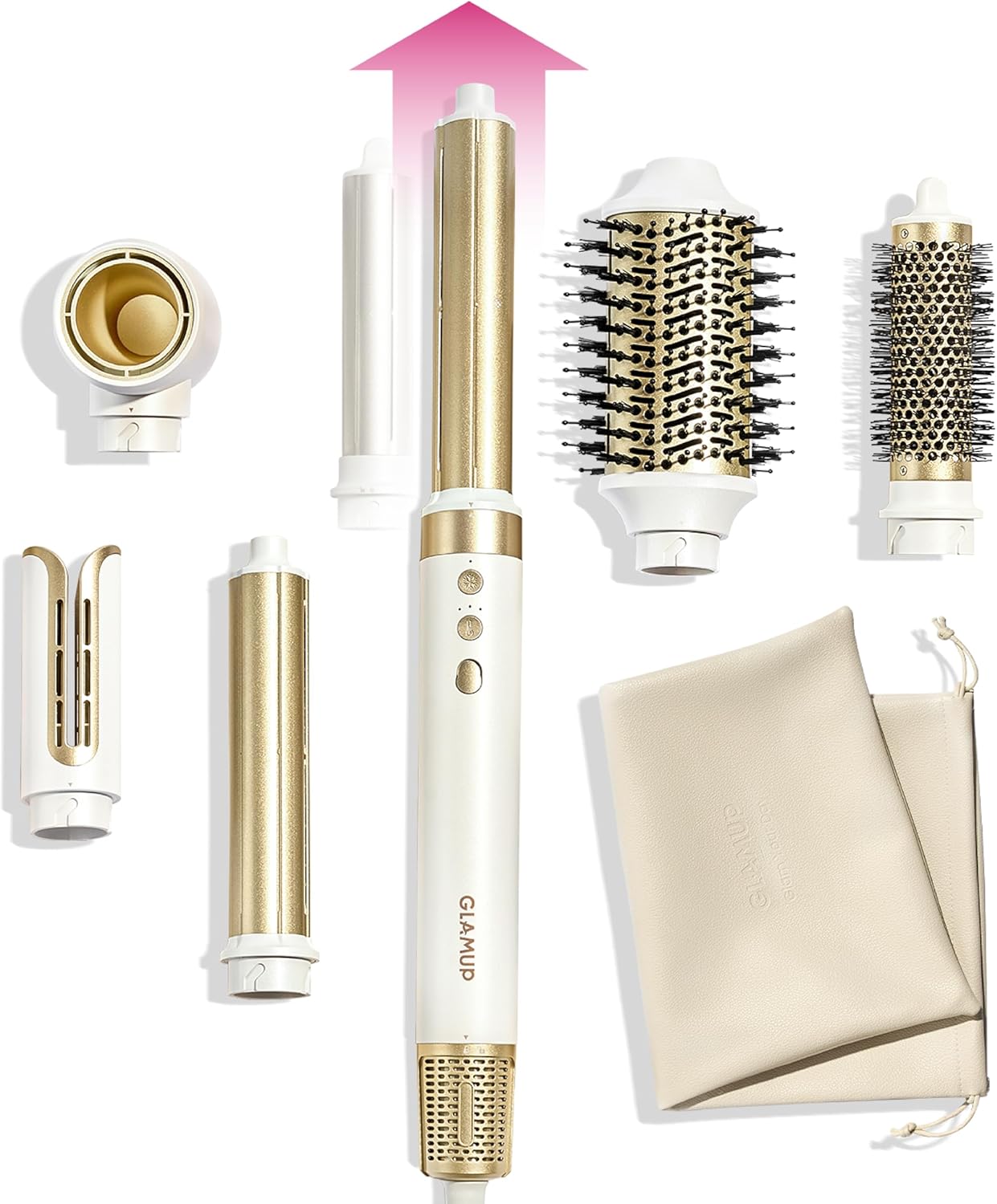 GLAMUP® 6 in 1 Hot Air Styler, Upgraded Long Barrel, Round Brush, Powerful High Speed Dryer, Tight Grip, Curling Volumizing Gift Set with Travel Bag