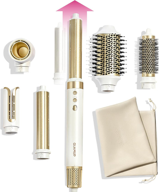 GLAMUP® 6 in 1 Hot Air Styler, Upgraded Long Barrel, Round Brush, Powerful High Speed Dryer, Tight Grip, Curling Volumizing Gift Set with Travel Bag