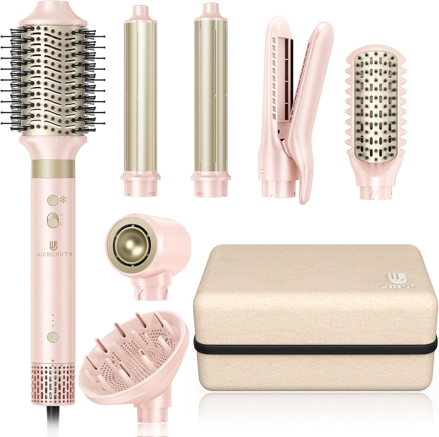 Hair Dryer Brush, webeauty 5 in 1 Professional Hot Air Styling, High-Speed Negative Ionic Hair Dryer Fast Drying, Multi Hair Styler with Air Curling Iron, Volumizing, with Carrying Case (Grey Gold)