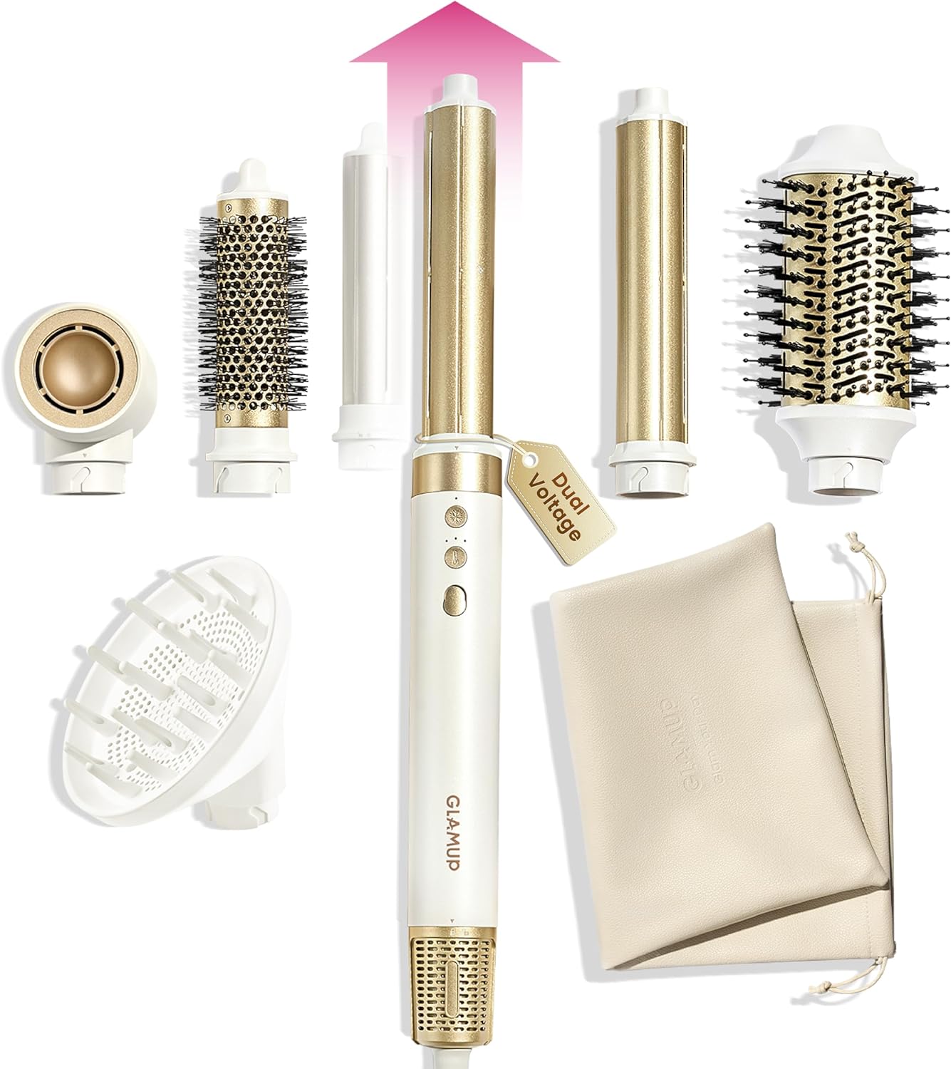GLAMUP® 6 in 1 Hot Air Styler, Tight Grip, Powerful High Speed Dryer, Volumizer, Blow Dryer Brush, Curling Volumizing Hair Styler Gift Set with Travel Bag