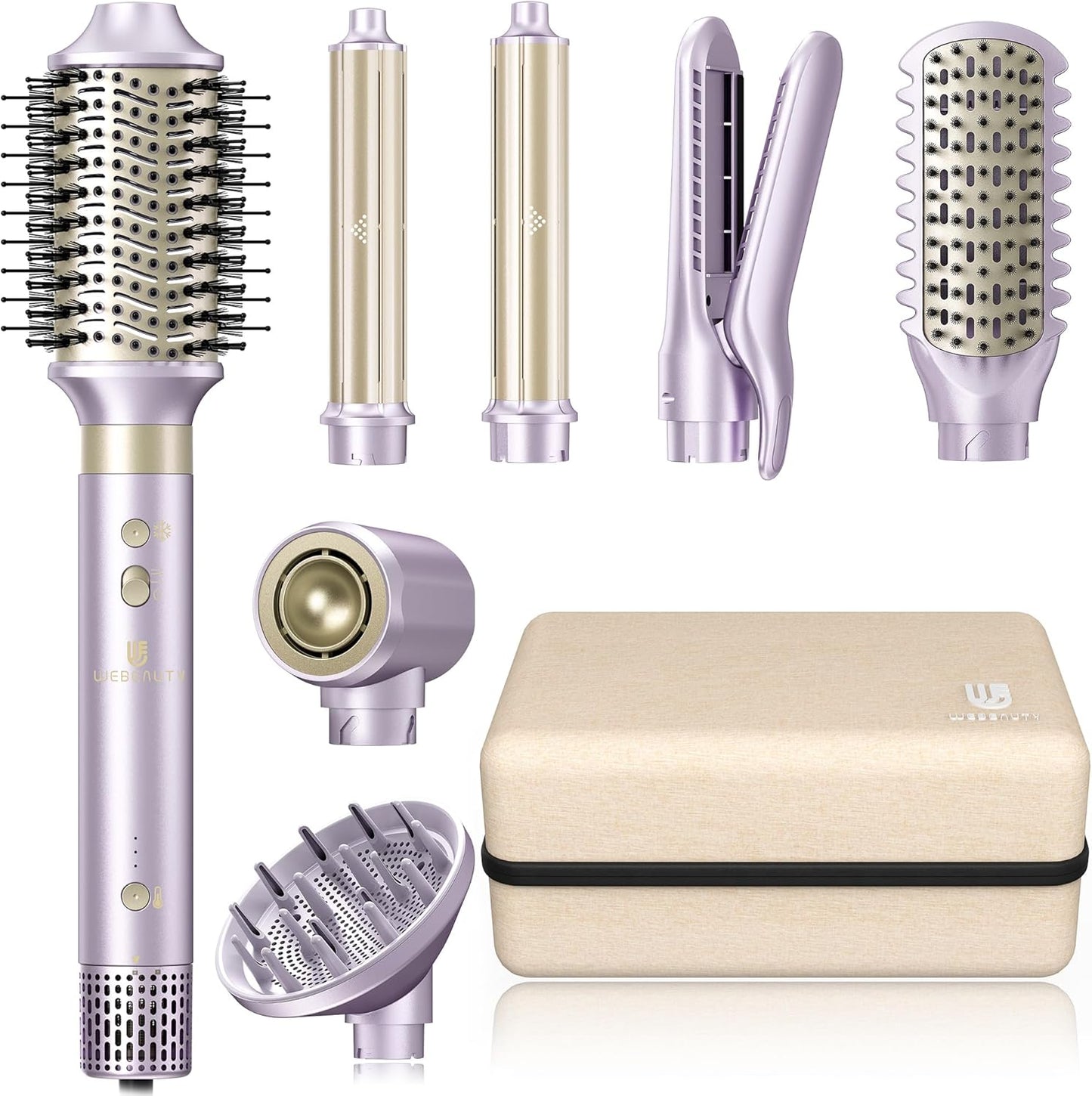 Hair Dryer Brush 8-in-1 Dual Voltage Hot Air Styler – Fast-Drying 110,000 RPM Ionic Blow Dryer with Straightener & Curler Attachments, Frizz-Free Volumizing Styler with Protective Hard Case-Pink