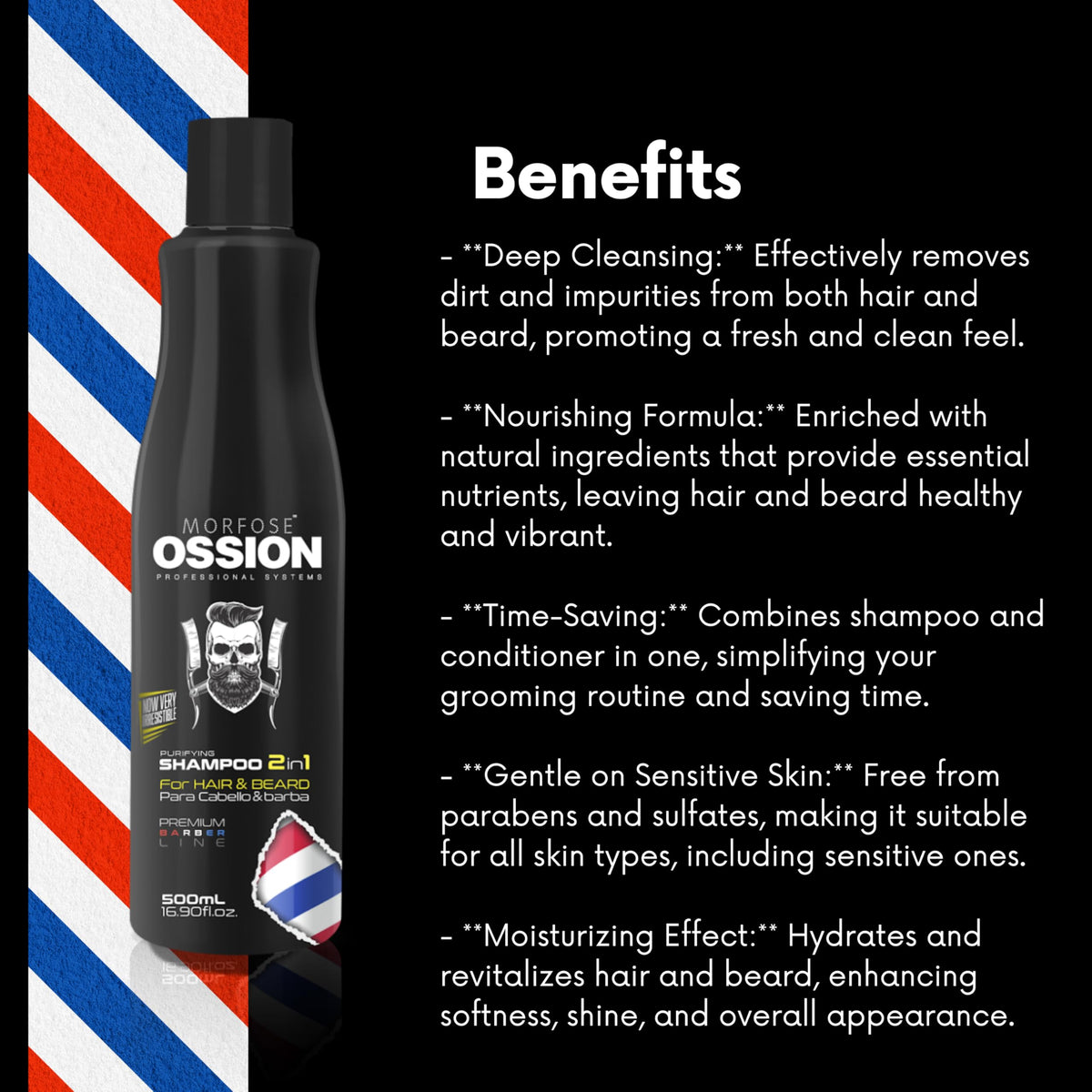 Morfose Ossion Premium Barber Purifying Shampoo 17oz - Nourishing Formula | Salon Quality Beauty Care Bag