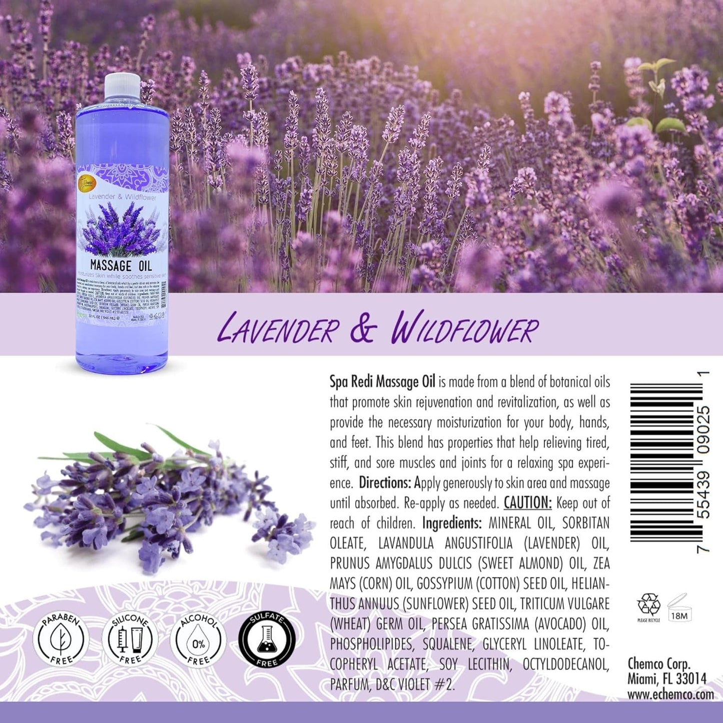 Massage Oil 32oz - Lavender & Wildflower | Mani Pedi Body Lunali Nail Supply