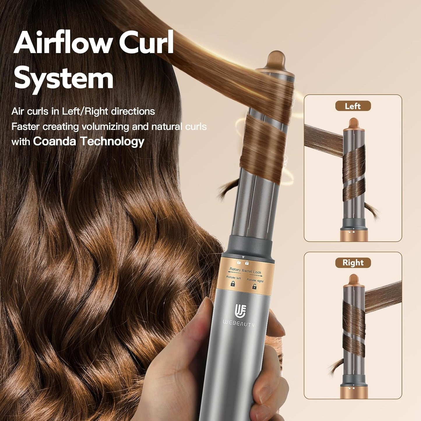 Hair Dryer Brush, webeauty 5 in 1 Professional Hot Air Styling, High-Speed Negative Ionic Hair Dryer Fast Drying, Multi Hair Styler with Air Curling Iron, Volumizing, with Carrying Case (Grey Gold)