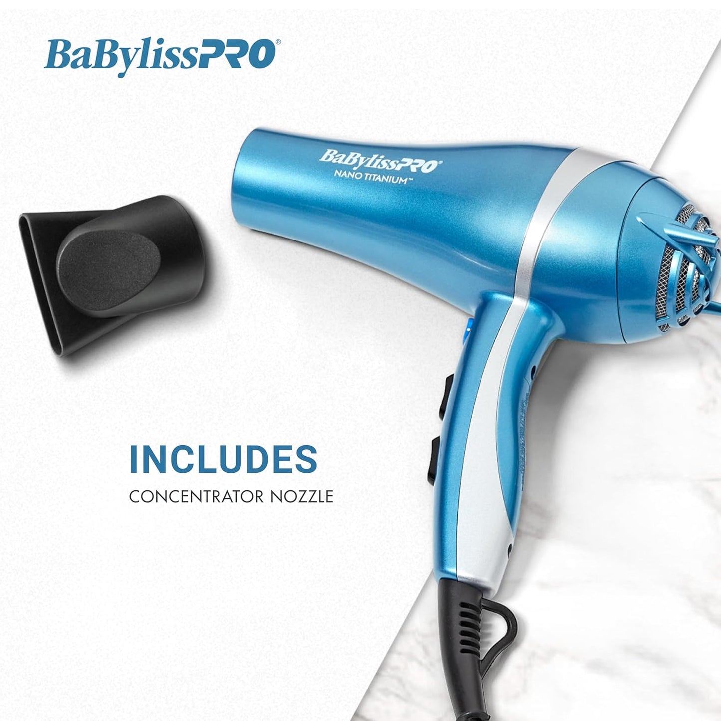Nano Titanium 2000-Watt Blow Dryer with Concentrator Nozzle, Professional Grade Ionic Corded Styling Tool for Hair