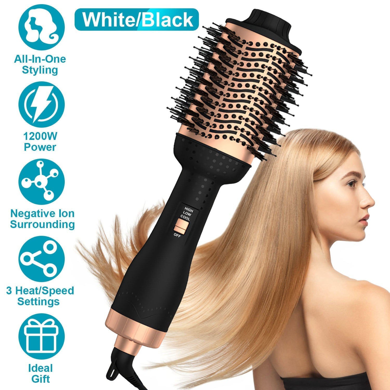 4 In 1 Hair Dryer Brush Curling Brush Hair Styler Volumizer Straightener Negative Ion Anti-frizz Hot-Air Hair Brush for All Hair Types Black White GBruno Store