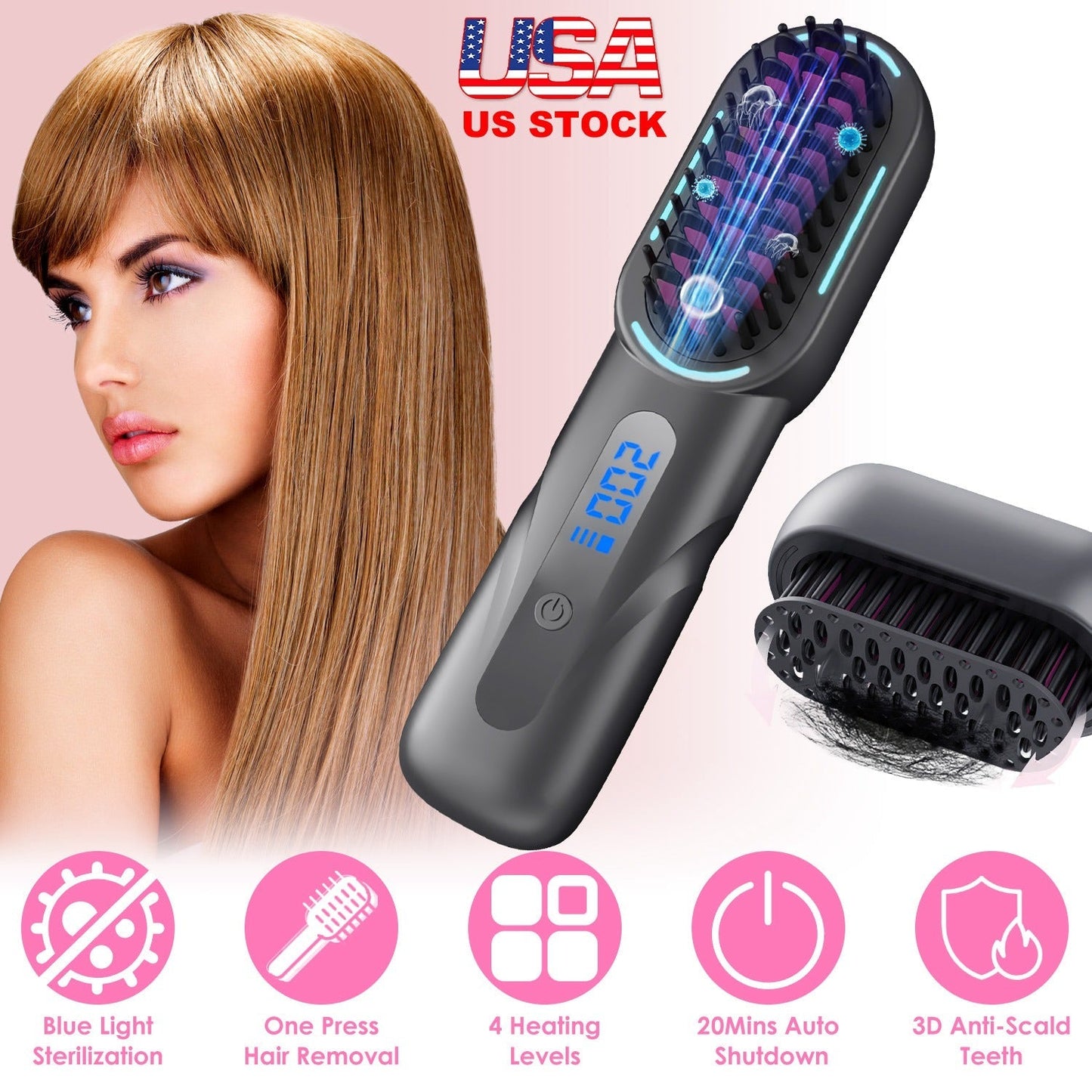 Cordless Hair Straightener Brush Rechargeable Mini Styling Comb with 4 Heating Levels Blue Light Sterilization Single press Stray Hair Removal 20Mins GBruno Store