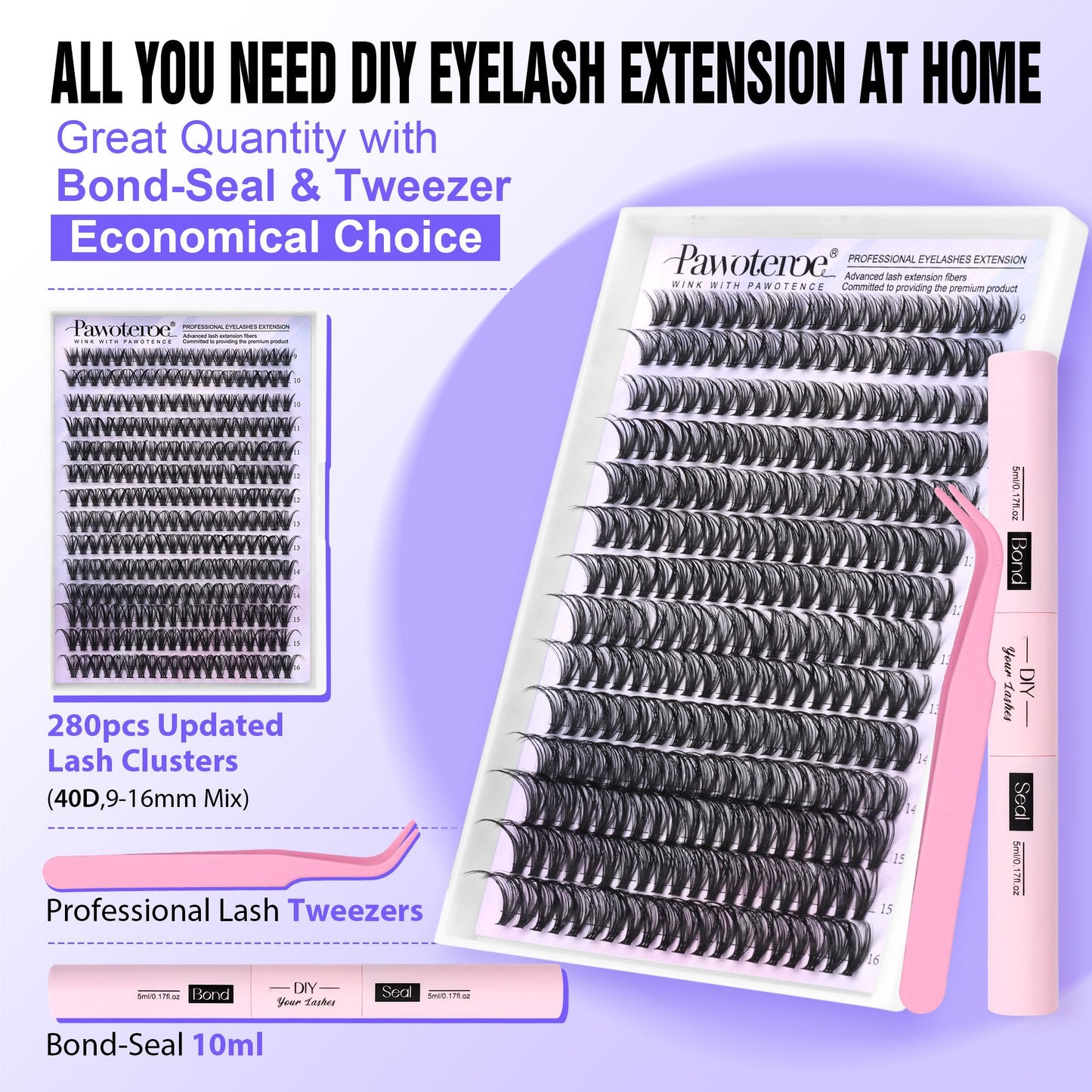 Pawotence Lash Extension Kit DIY 280pcs Lash Clusters Eyelash Extension Kit, 9-16mm 30D 40D Individual Lashes Kit with Lash Bond and Seal, Lash Tweezers for Self Use (30D&40D, 0.07D, 9-16mm, Kit)