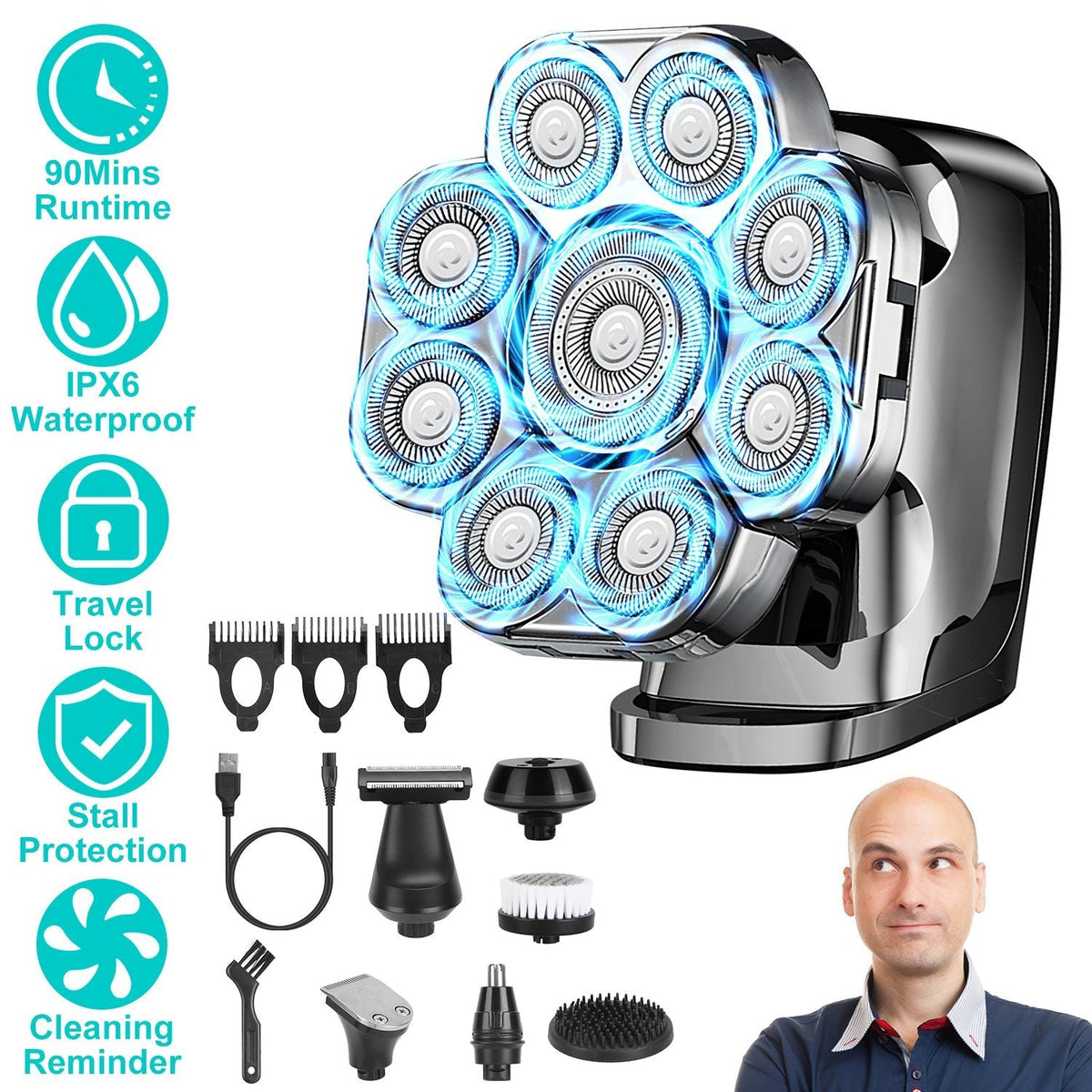 6 In 1 9D Electric Head Shaver for Men Cordless Rechargeable Wet Dry Razor with LED Display Travel Lock Stall Protection Cleaning Reminder GBruno Store