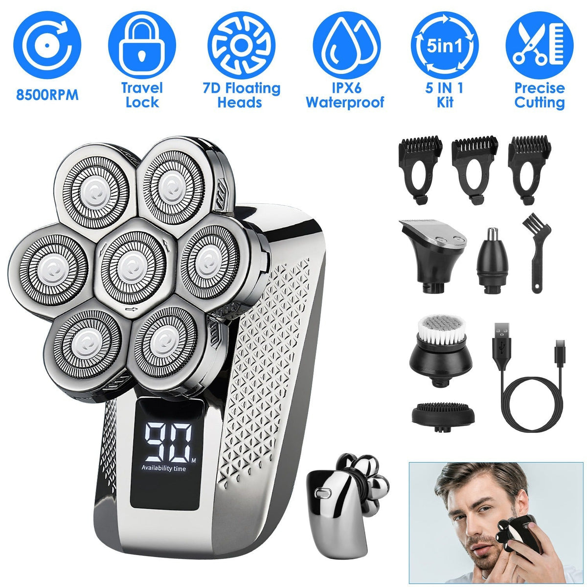 Head Shavers for Bald Men 5 In 1 7D Electric Rotary Razor Rechargeable Cordless Head Beard Trimmer Shaver Kit IPX6 Waterproof Dry Wet Grooming Kit wit GBruno Store