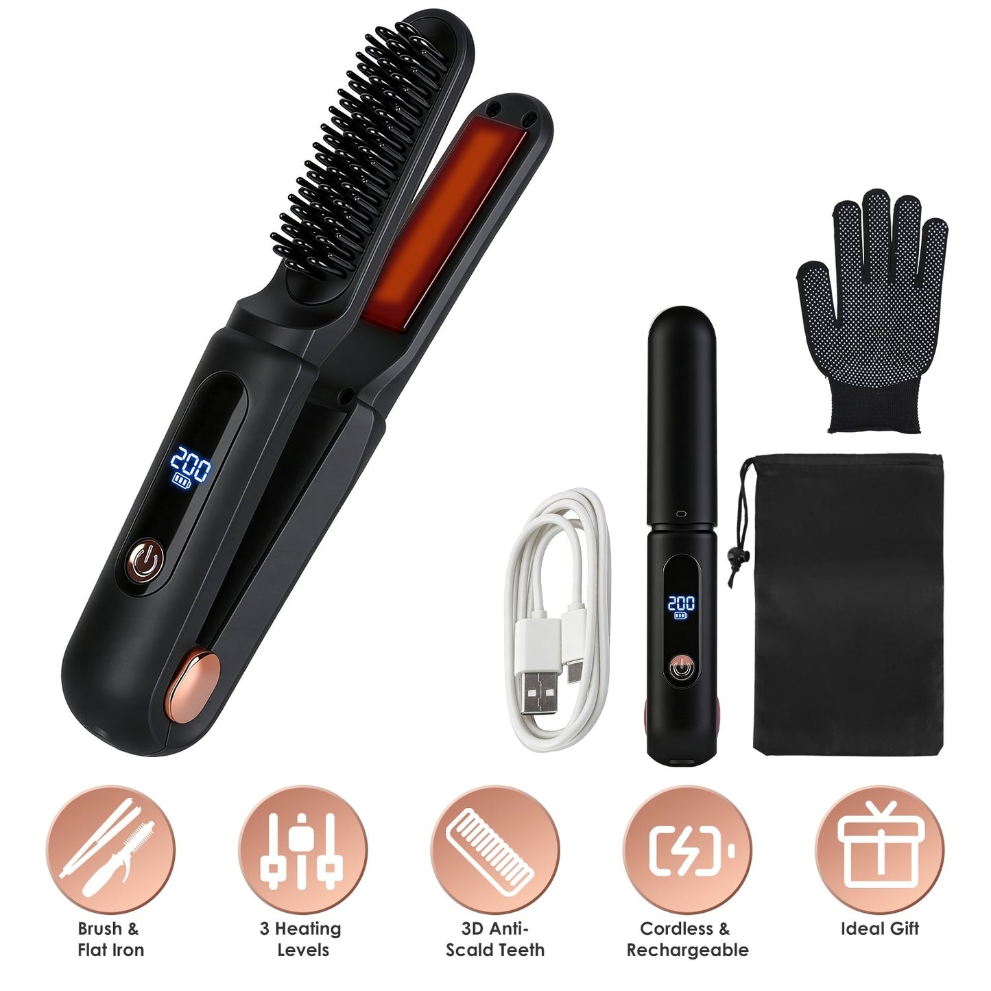 Cordless Hair Straightener Brush 2-in-1 Ceramic Flat Iron GBruno Store