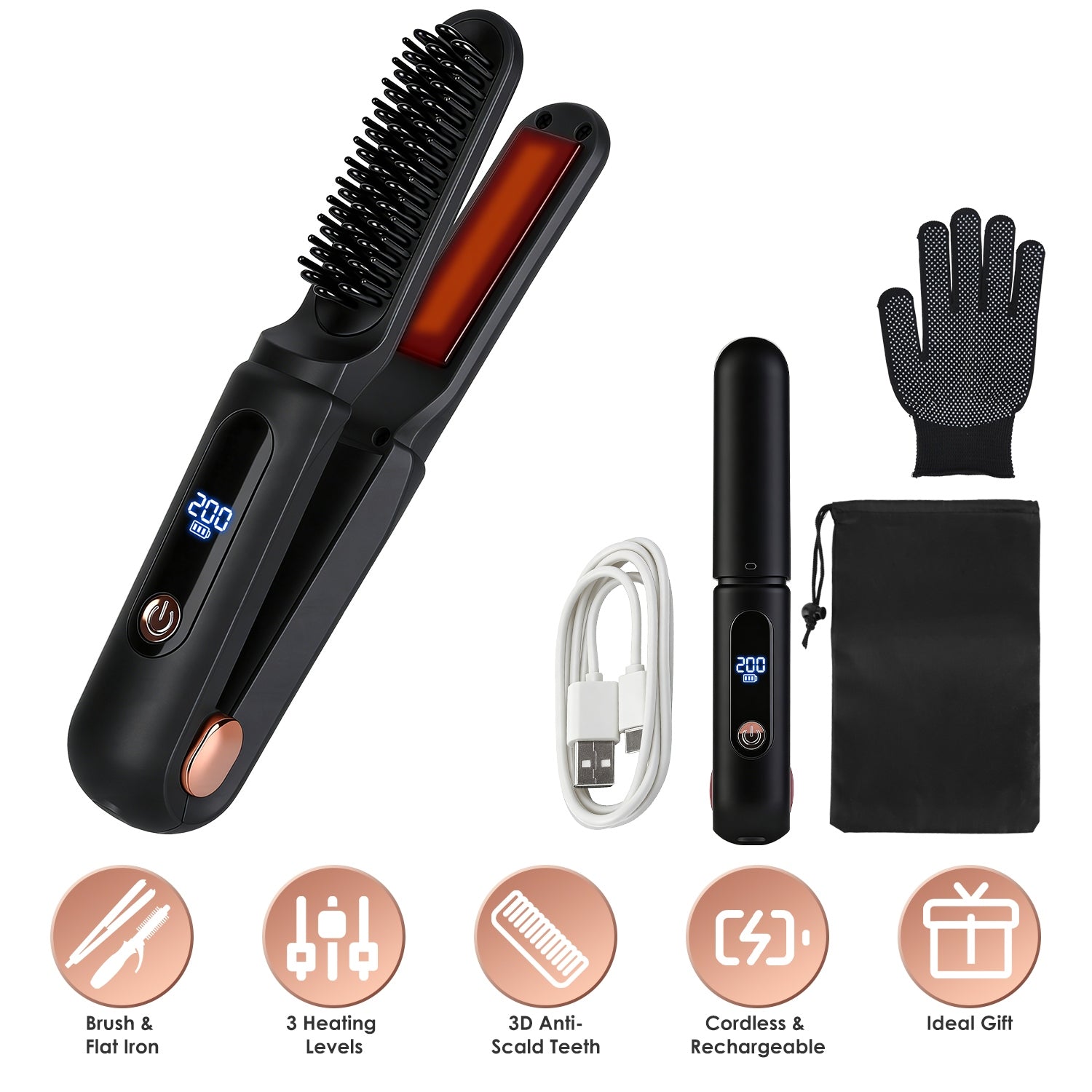 Cordless Hair Straightener Brush 2-in-1 Ceramic Flat Iron GBruno Store