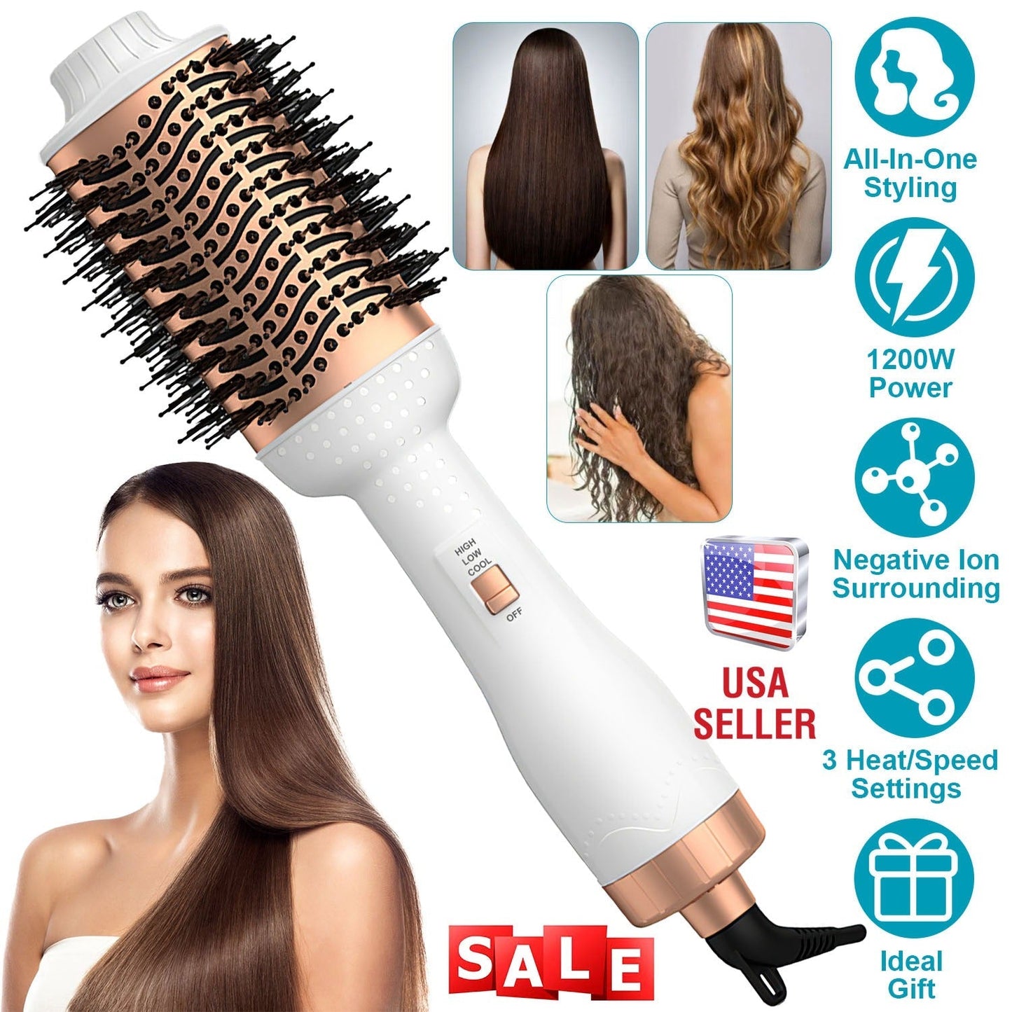 4 In 1 Hair Dryer Brush Curling Brush Hair Styler Volumizer Straightener Negative Ion Anti-frizz Hot-Air Hair Brush for All Hair Types Black White GBruno Store
