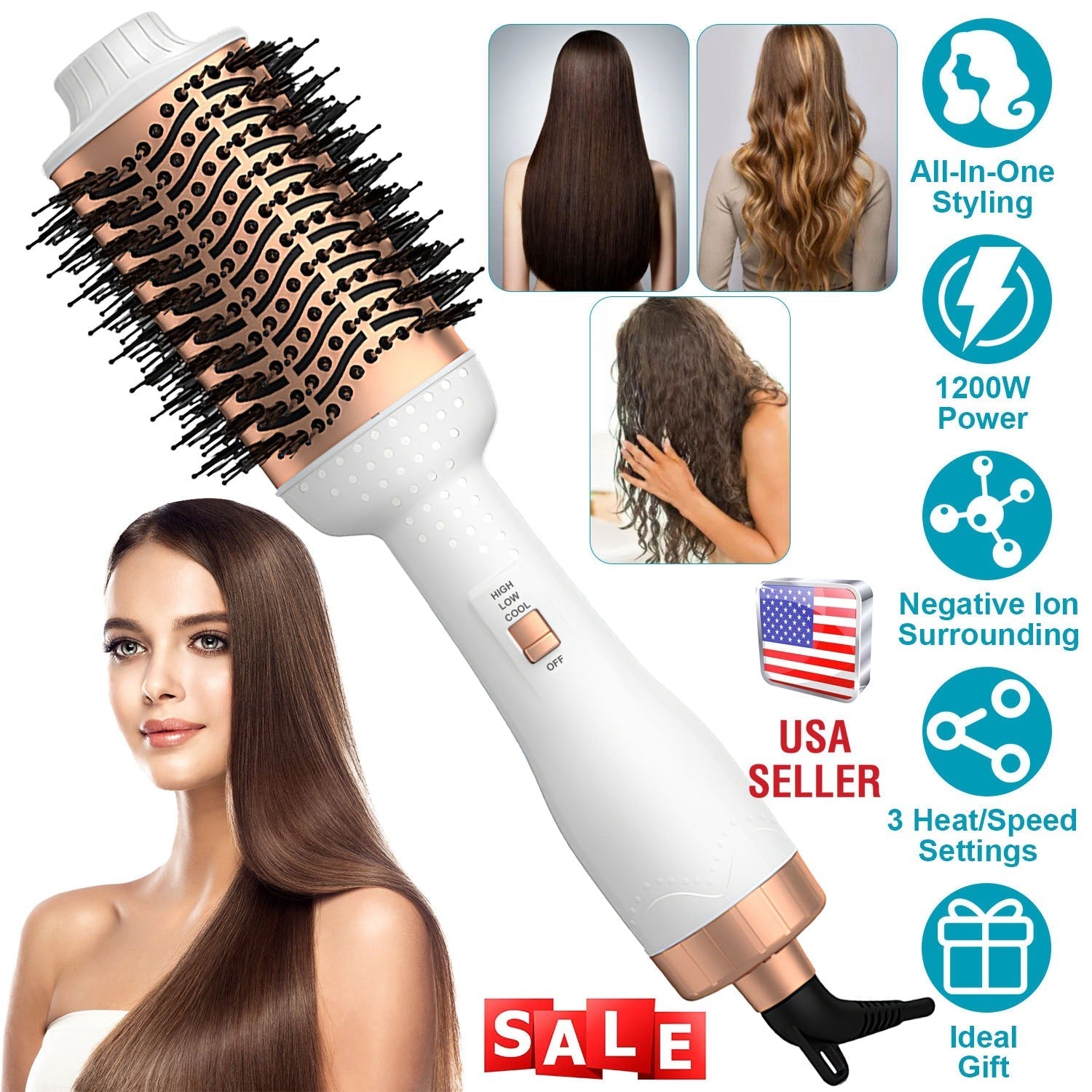 4 In 1 Hair Dryer Brush Curling Brush Hair Styler Volumizer Straightener Negative Ion Anti-frizz Hot-Air Hair Brush for All Hair Types Black White GBruno Store