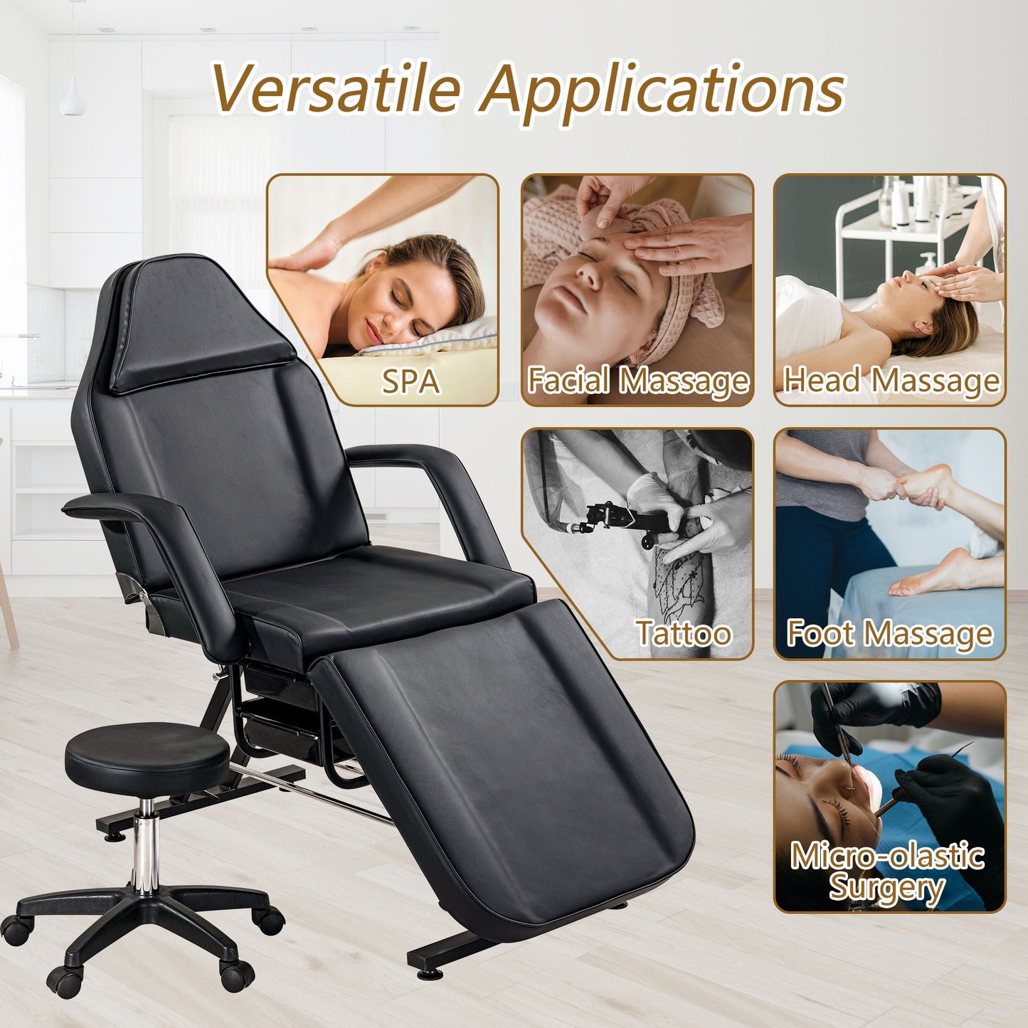 72.8" Massage Salon Tattoo Chair With Two Trays Esthetician Bed With Hydraulic Stool, Multi-Purpose 3-Section Facial Bed Table, Adjustable Beauty Barber Spa Beauty Equipment HouseOfZazla