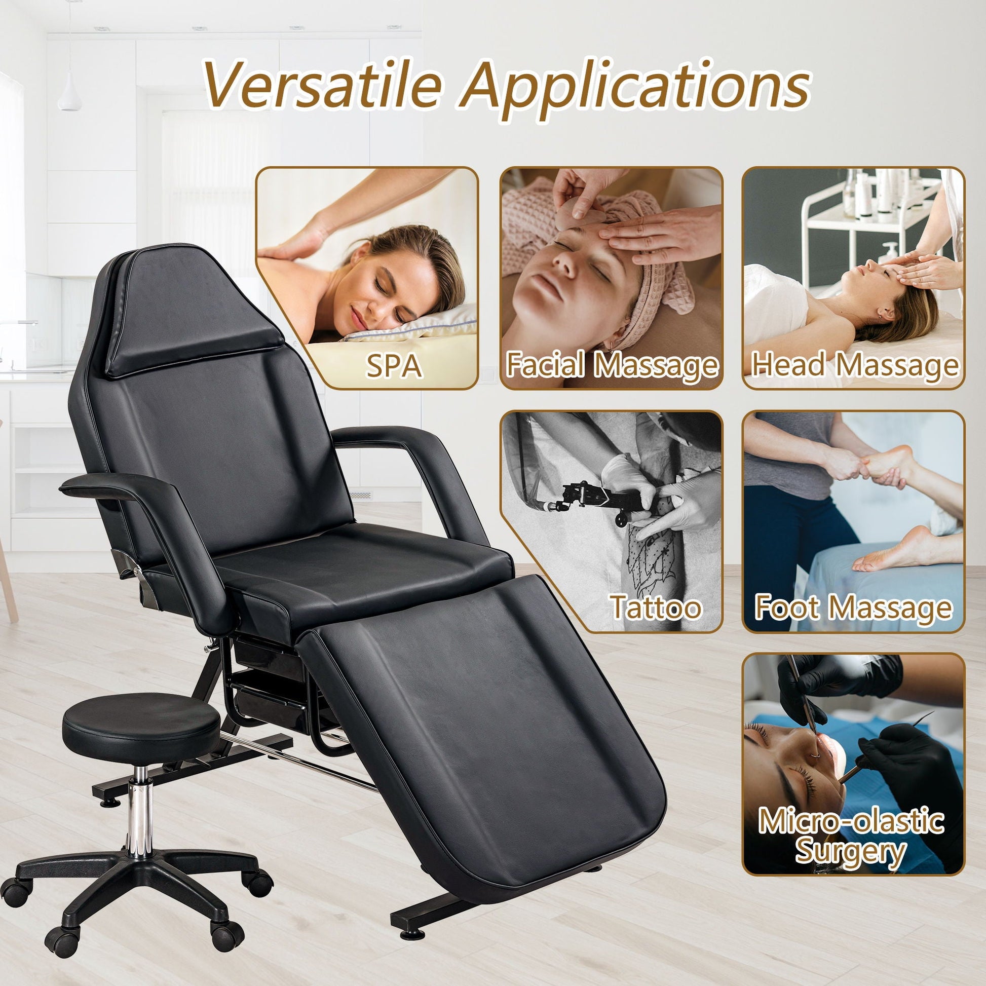 72.8" Massage Salon Tattoo Chair With Two Trays Esthetician Bed With Hydraulic Stool, Multi-Purpose 3-Section Facial Bed Table, Adjustable Beauty Barber Spa Beauty Equipment HouseOfZazla