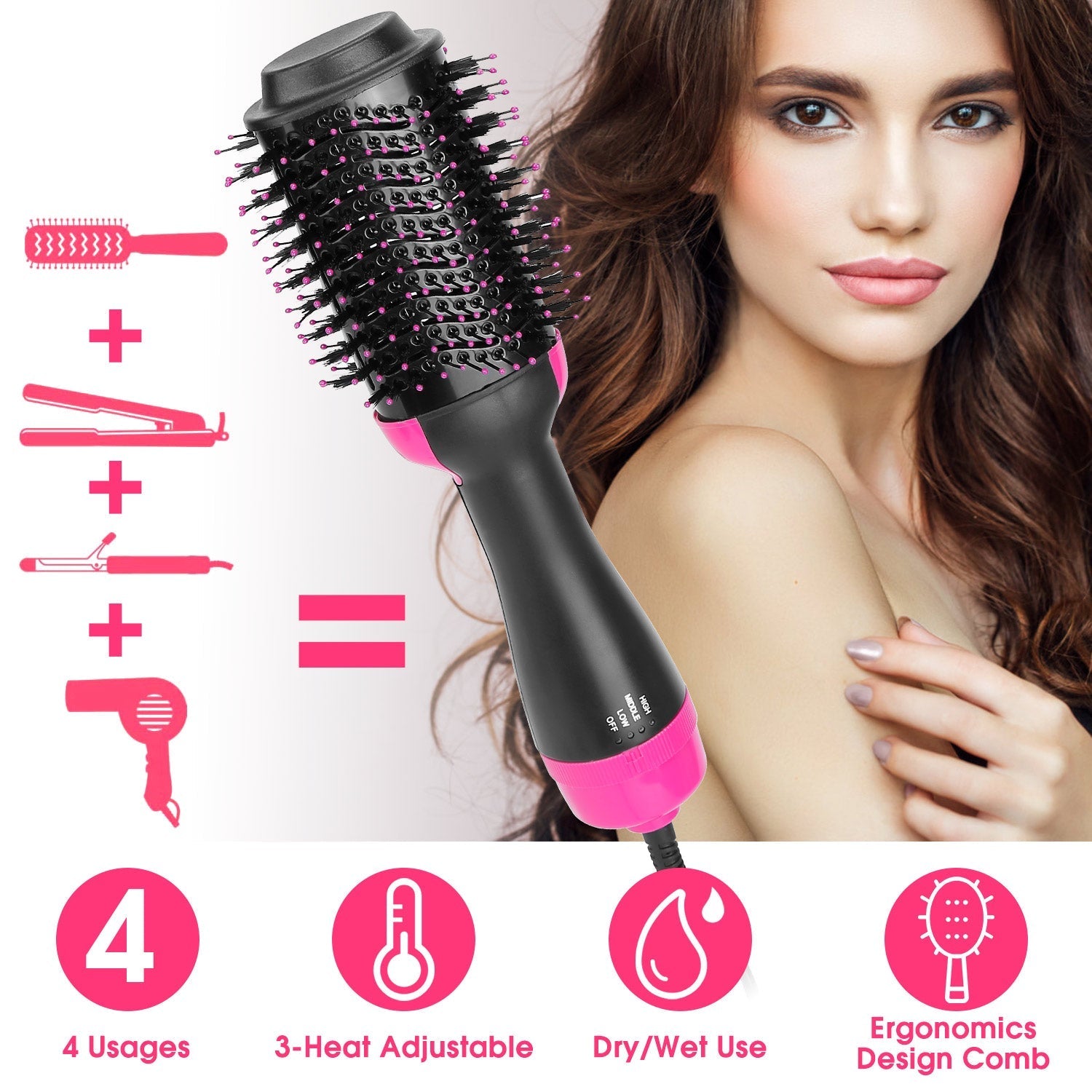 Hot Hair Brush 4 In 1 Hair Dryer Volumizer Brush Dryer Comb For Straightening Curling Drying GBruno Store