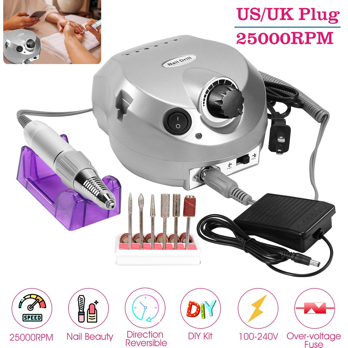 Acrylic Nail Drill Machine 25000RPM Electric Handpiece Glazing w/6 Bits Cuticle Grinder Manicure Pedicure Polishing File Kit for Nail Art Gamba Beauty