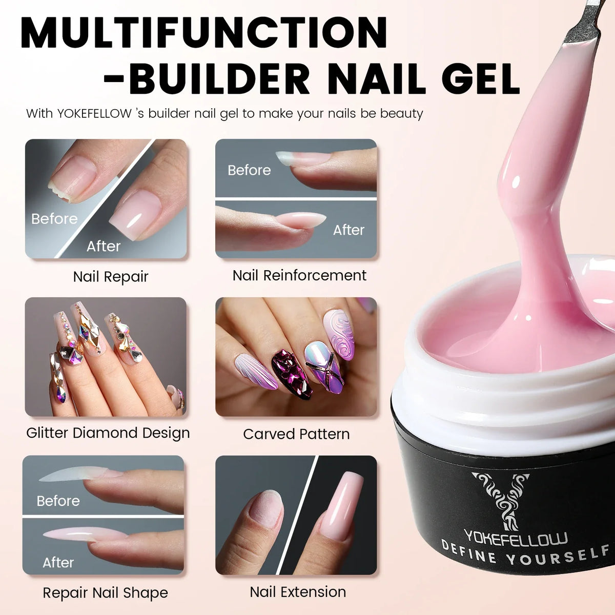 YOKEFELLOW 15g Jelly Extension Gel Nail Polish Nude Pink Clear Building Construct Extend Gel Soak Off UV LED Acrylic Gel Varnish Blushimmer