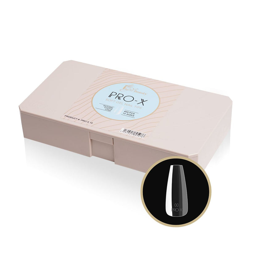 PRO-X Soft Gel Nail Tips 15 - Natural Coffin Long - 14 Sizes | 600pc Lunali Nail Supply