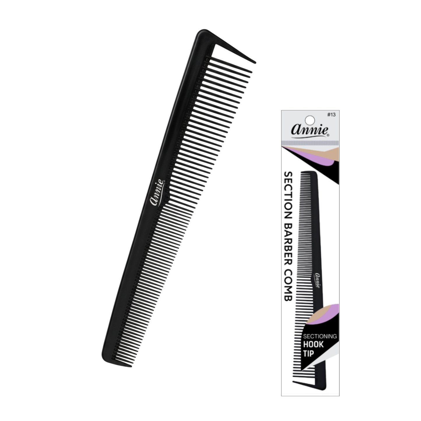 Annie Section Barber Comb with Hook Tip, 1 Count, Black Annie International, Inc.