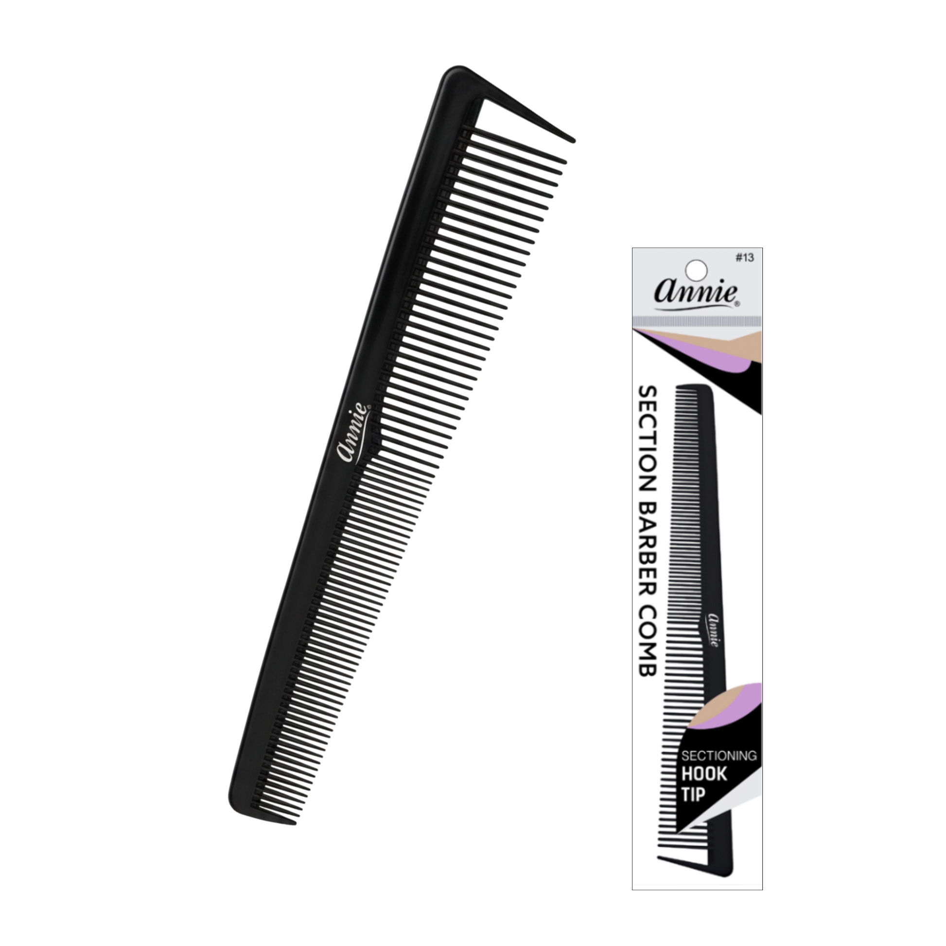 Annie Section Barber Comb with Hook Tip, 1 Count, Black Annie International, Inc.