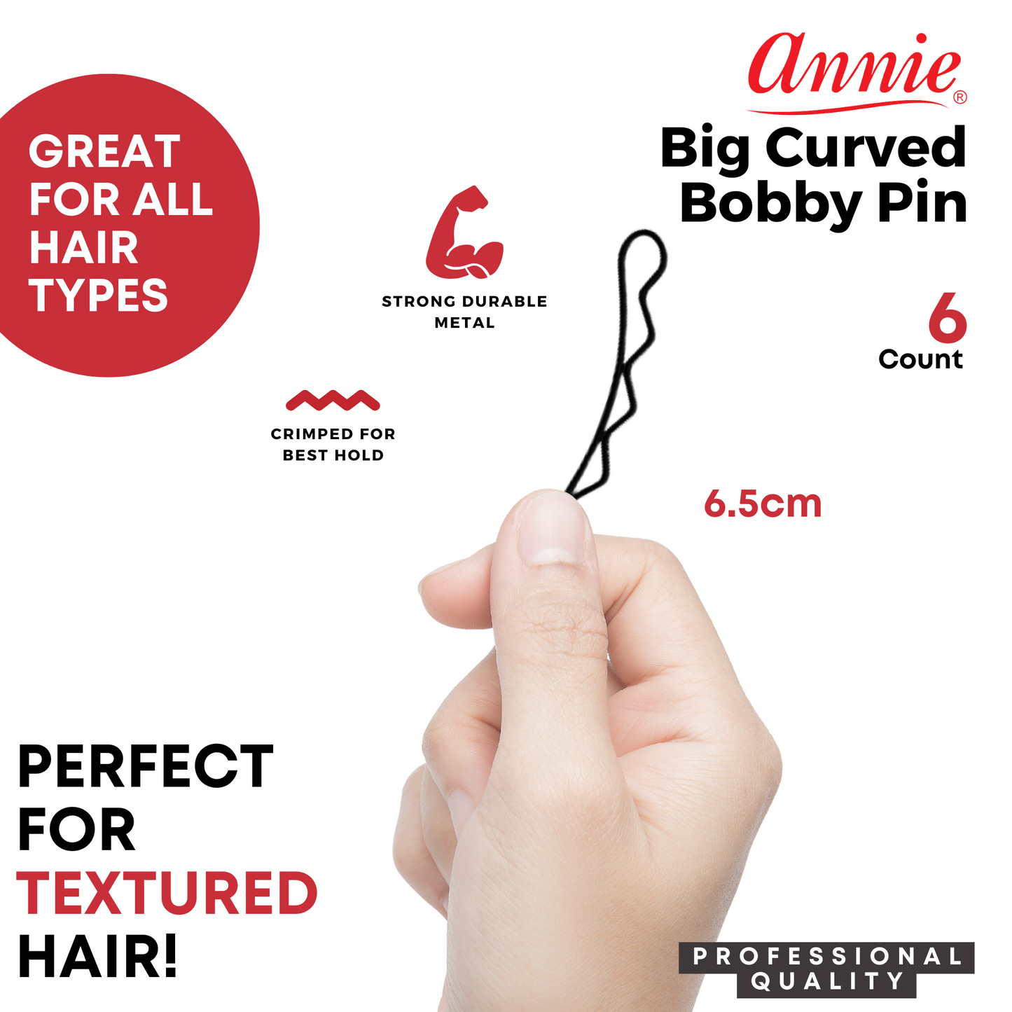 Annie Big Curve Bobby Pins 6.5cm, 6 Count, Black Annie International, Inc.