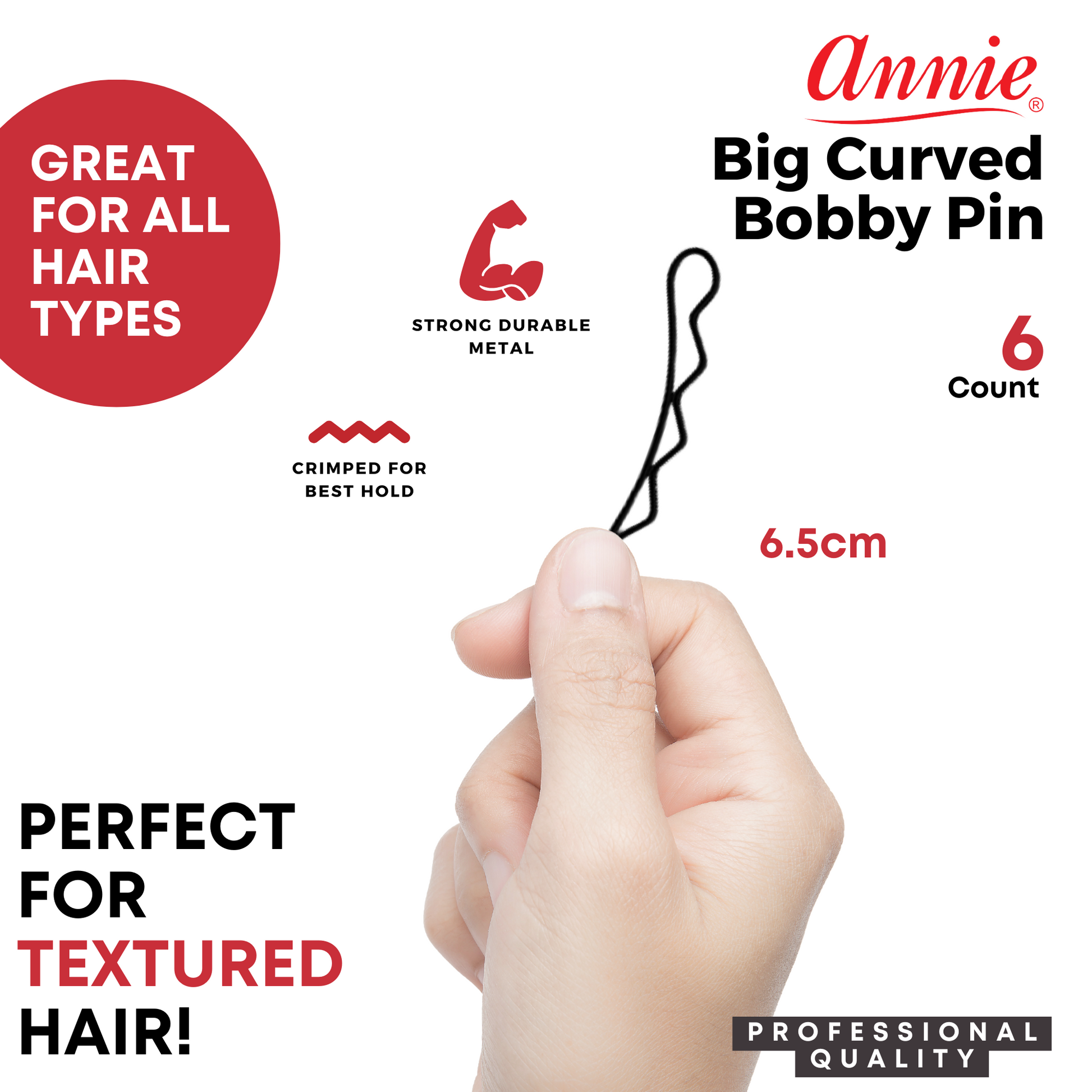 Annie Big Curve Bobby Pins 6.5cm, 6 Count, Black Annie International, Inc.