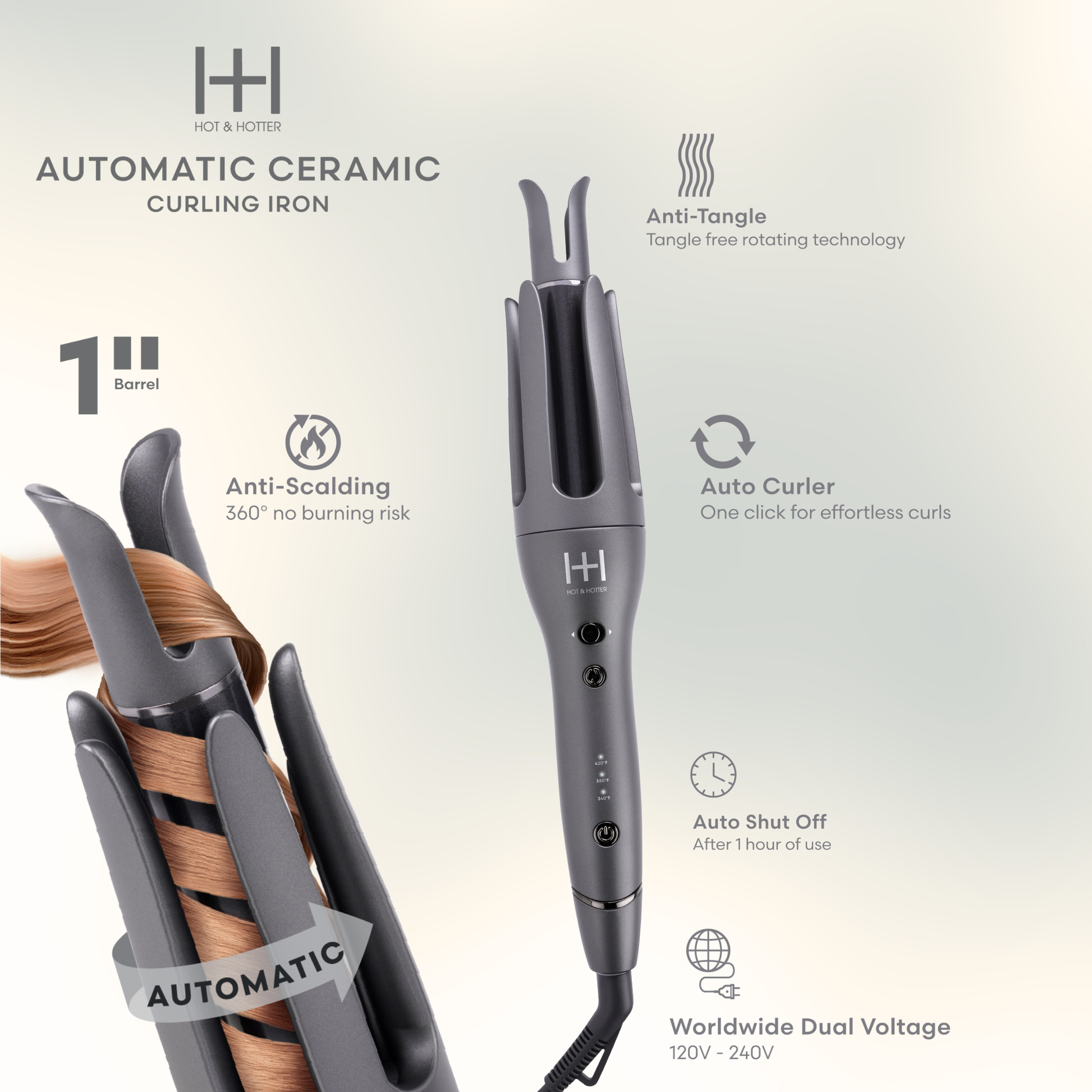 Hot & Hotter Ceramic Auto Curler 1 Inch, 1 Count, Grey Annie International, Inc.