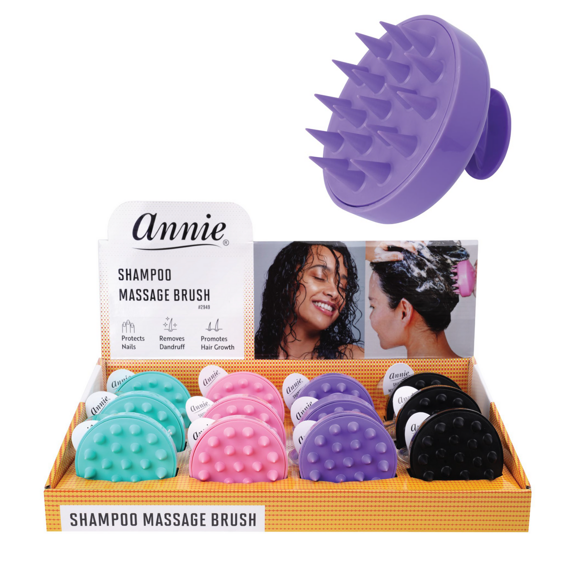 Annie Shampoo and Massage Brush Display Asst Color Annie International, Inc.