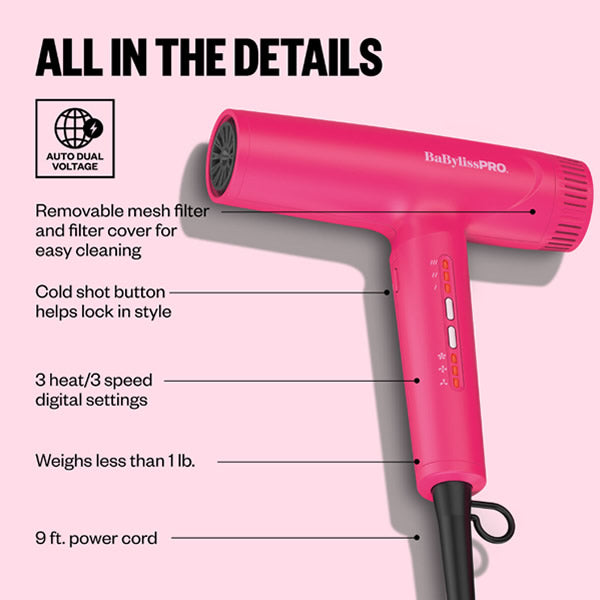 BABYLISSPRO NANO LIGHT IONIC HIGH-SPEED DRYER - HOT PINK (#BNTC9200HP) N.O.S. Barber Supply