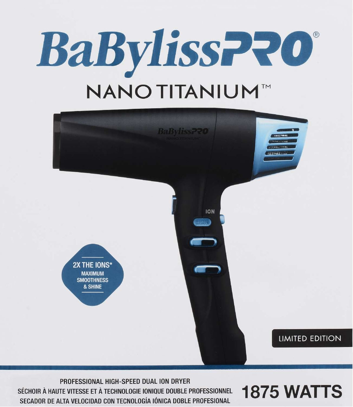 BABYLISSPRO NANO TITANIUM LIMITED EDITION BLACK AND BLUE PROFESSIONAL HIG-SPEED DUAL IONIC DRYER My Beauty Site Pro