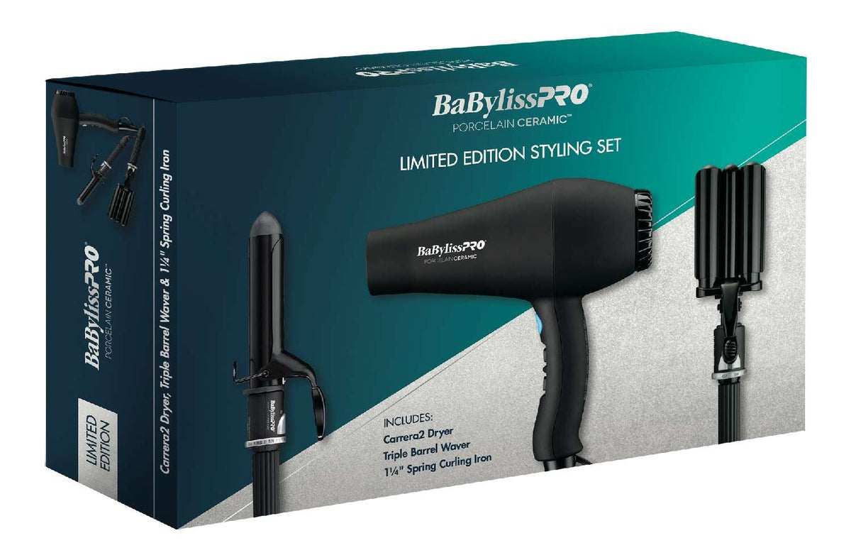 BaBylissPRO Porcelain Ceramic Gift Box Prepack Carrera2 Dryer, Triple Barrel Waver, and 1.25 inch Curling Iron. My Beauty Site Pro