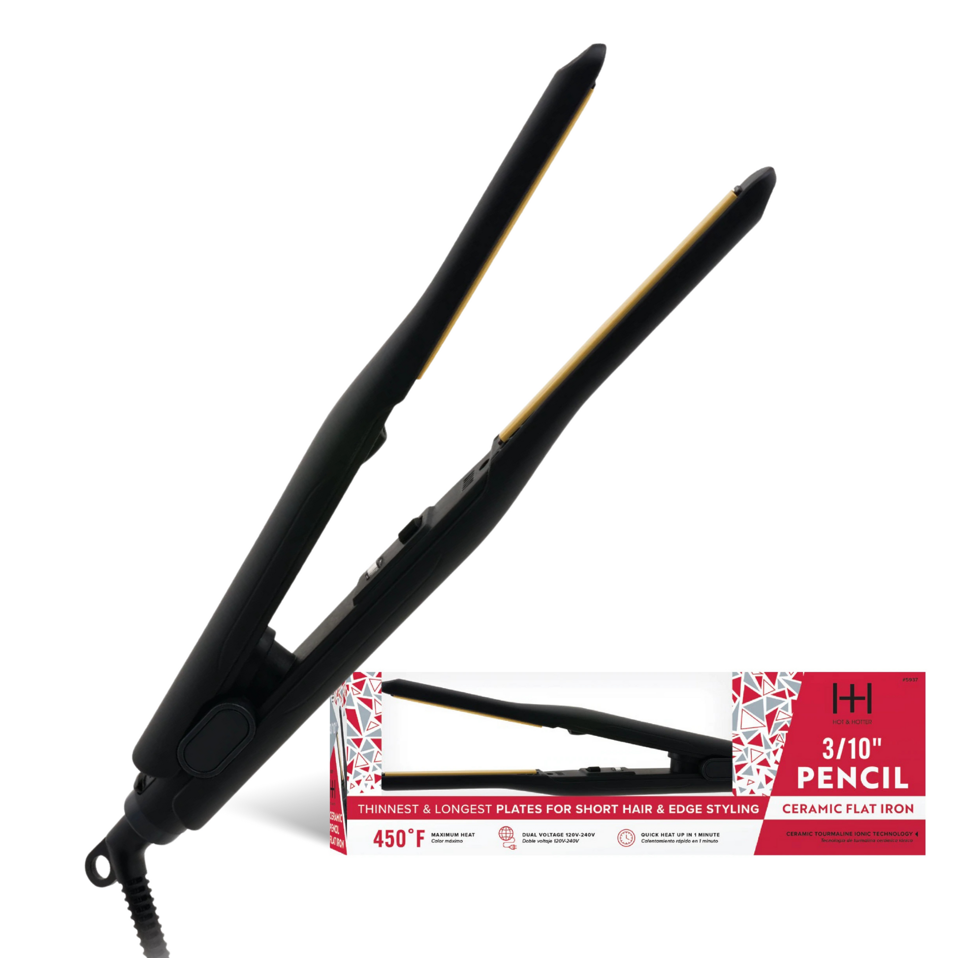 Hot & Hotter Pencil Ceramic Tourmaline Flat Iron 3/10 Inch, 1 Count Thin Hair Straightener, Black Annie International, Inc.