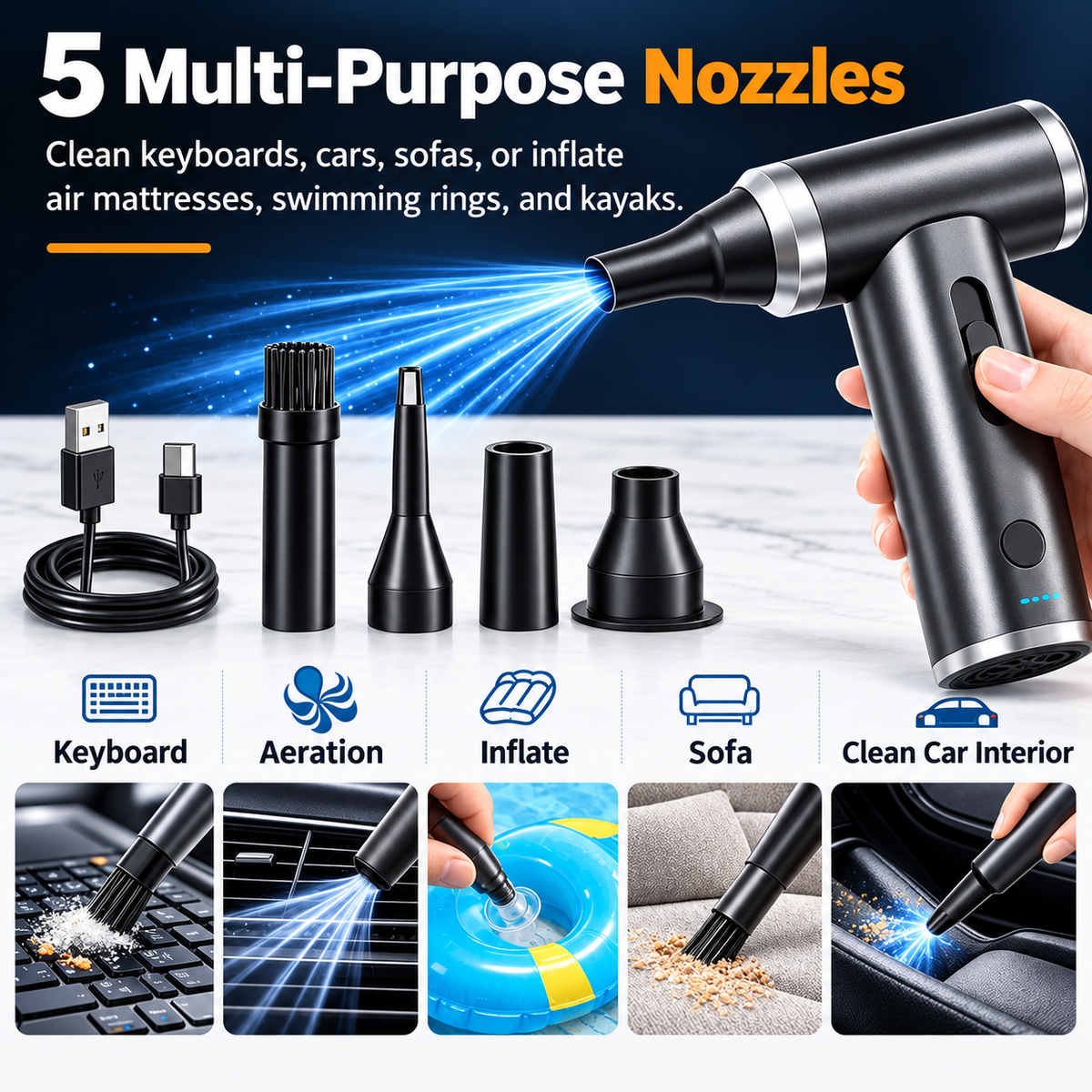 Rechargeable Handheld Electric Air Duster 125000 RPM Powerful Blower Teskay